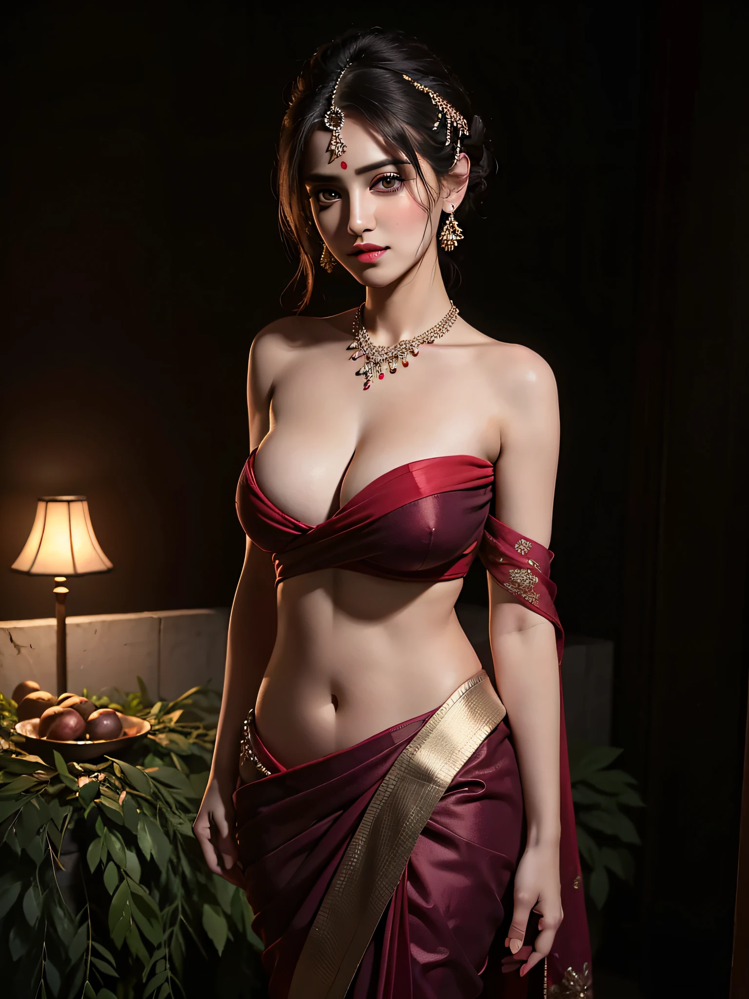 Best quality, masterpiece, ultra high res, (photorealistic:1.4), raw photo, 1girl, offshoulder, in the dark, deep shadow, low key, cold light,wearing a traditional saree, at a weeding shoot , large boobs