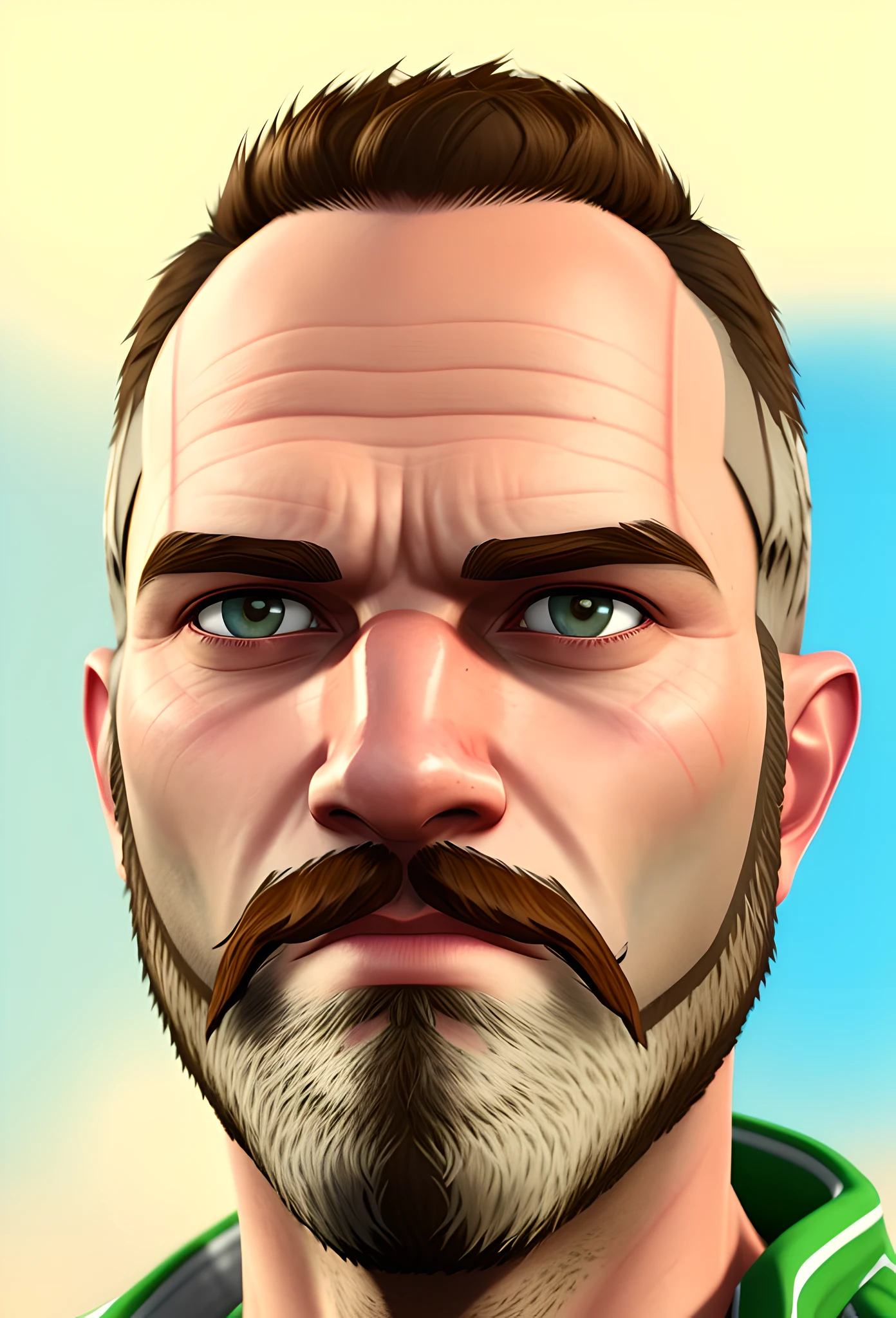 "generate realistic GTA-style face for 38-year-old man without beard, without mustache, with avatar quality in high resolution". ((no mustache, with a bushy beard)).