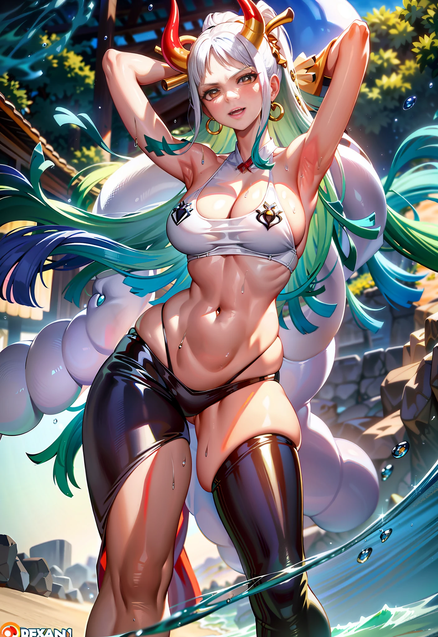 Extremely delicate oil painting style. Sagging boobs, huge breasts, boobs squeezed by bikinis. Big breasts. Open your mouth and smile, show your teeth, fangs. (NSFW: 1.98) Arad woman in bikini poses a sword on the beach, extremely detailed Artgerm, on the beach, Ross landscape background, perfect white-haired girl, seductive anime girl, like Artgerm, on the beach, beautiful seductive anime woman, Rostland !!!, Rostland style, art germ. Anime illustration on sunny beach, (oily skin)) with horns on the head and two red and yellow horns on the head. End of curl. White transparent cheongsam. (Wearing white transparent fabric cheongsam, cheongsam chest opening, highest fabric material, fabric performance 8K, physics engine calculation demonstration):: 1.8. (High-quality, detailed CG art), (beautiful light and shadow, floating effect) (1 person) (shiny hair, blue hair: 1.2 + gray hair: 1.6), when the skin between the chest and lower abdomen is wet, dripping water droplets and sweat slip together, sexy gorgeous, still photos convey a dynamic effect. (extremely detailed, well-made, highest image quality, strong specular reflection of bikinis, clear latex texture) The woman is extremely beautiful, extremely sexy, beautiful and moving, seductive, and the transparent texture of the leggings is just right, making people shine. ((NSFW, low saturation)) ((oily skin)), ((water droplets on the skin)), 1.6. The body is moist and shiny, the body is wet and shiny, the body is wet and shiny, the breasts are bigger, the ass is bigger. ((Masterpiece)), the best quality, super fine, highly realistic, wet all over, bathed in rain, every bead of sweat is clearly visible. (Masterpiece: 1.6), (Best Quality: 1.5), Ultra High Resolution, 1 Girl, Very Detailed, 8K, Beautiful, Detailed Eyes, Looking at the Viewer, Strong Dark Colors, (Depth of Field), (Dynamic), (Epic), Sharp Focus, (Intricate Details: 1.86), Full Color, Nano \ (One Piece), Bangs, Bare Shoulders, Belt, Gold Striped Clear Heart St