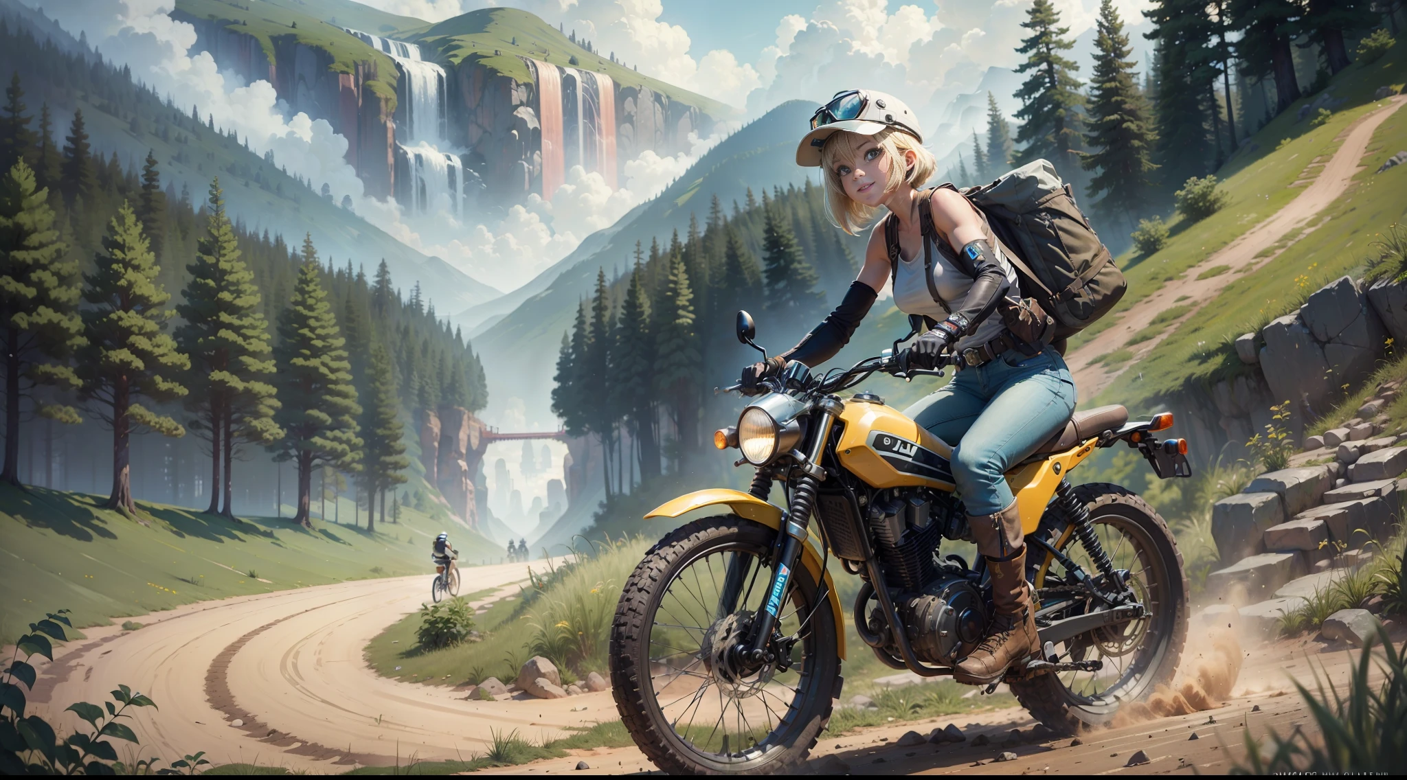((((masterpiece)))), high quality, very_high_resolution, large_filesize, full color, steam punk featuring a futuristic planet,
in a distant forest, bustling alien markets, and an off-road bike. The protagonist is a stunning upper body girl 1 person blonde short bob silver smile, mechanized arms. wearing a white tank top, distressed denim shorts, engineer boots, and riding the off-road bike. beauty,