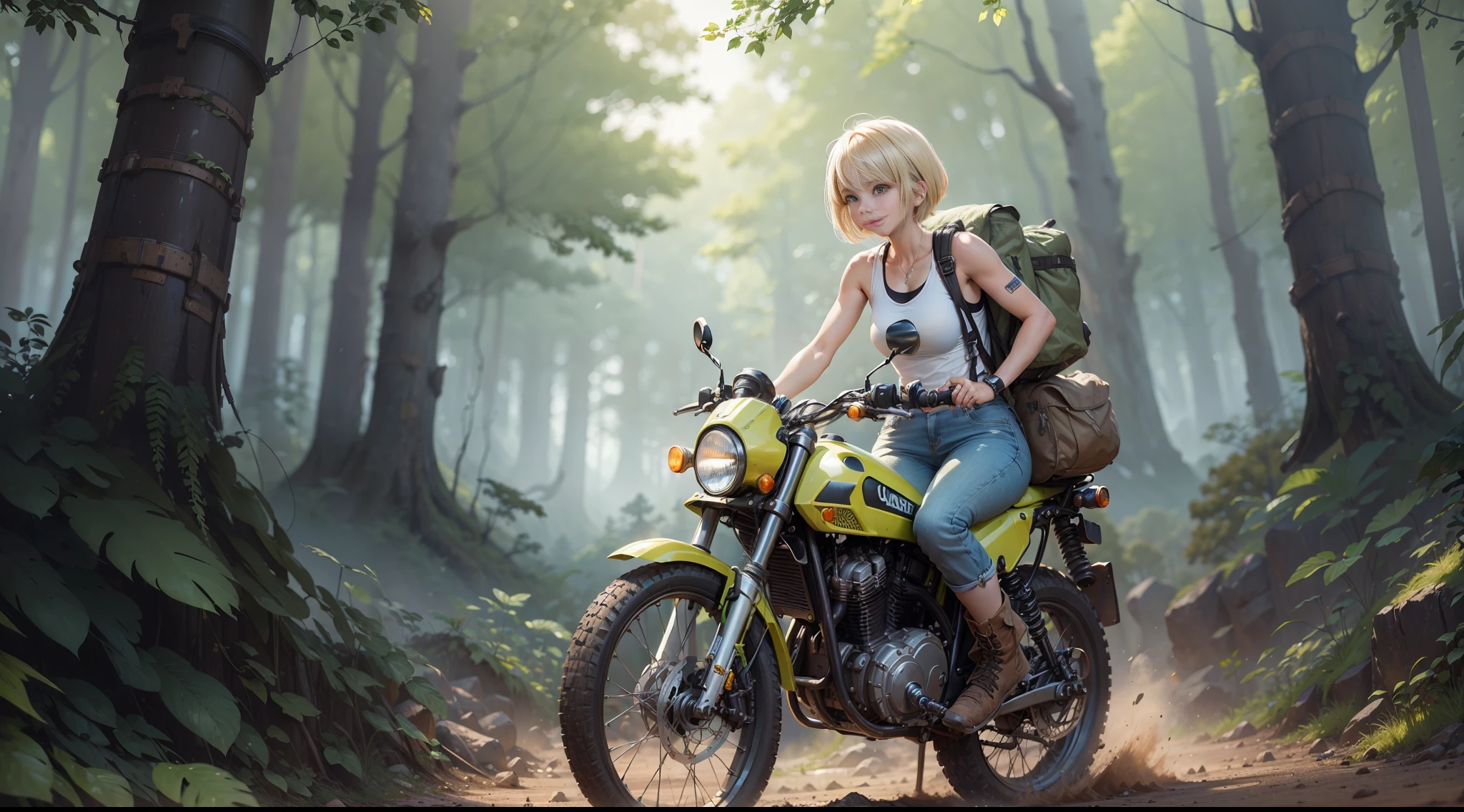 ((((masterpiece)))), high quality, very_high_resolution, large_filesize, full color, steam punk featuring a futuristic planet,
in a distant forest, bustling alien markets, and an off-road bike. The protagonist is a stunning upper body girl 1 person blonde short bob silver smile, mechanized arms. wearing a white tank top, distressed denim shorts, engineer boots, and riding the off-road bike.  beauty,
