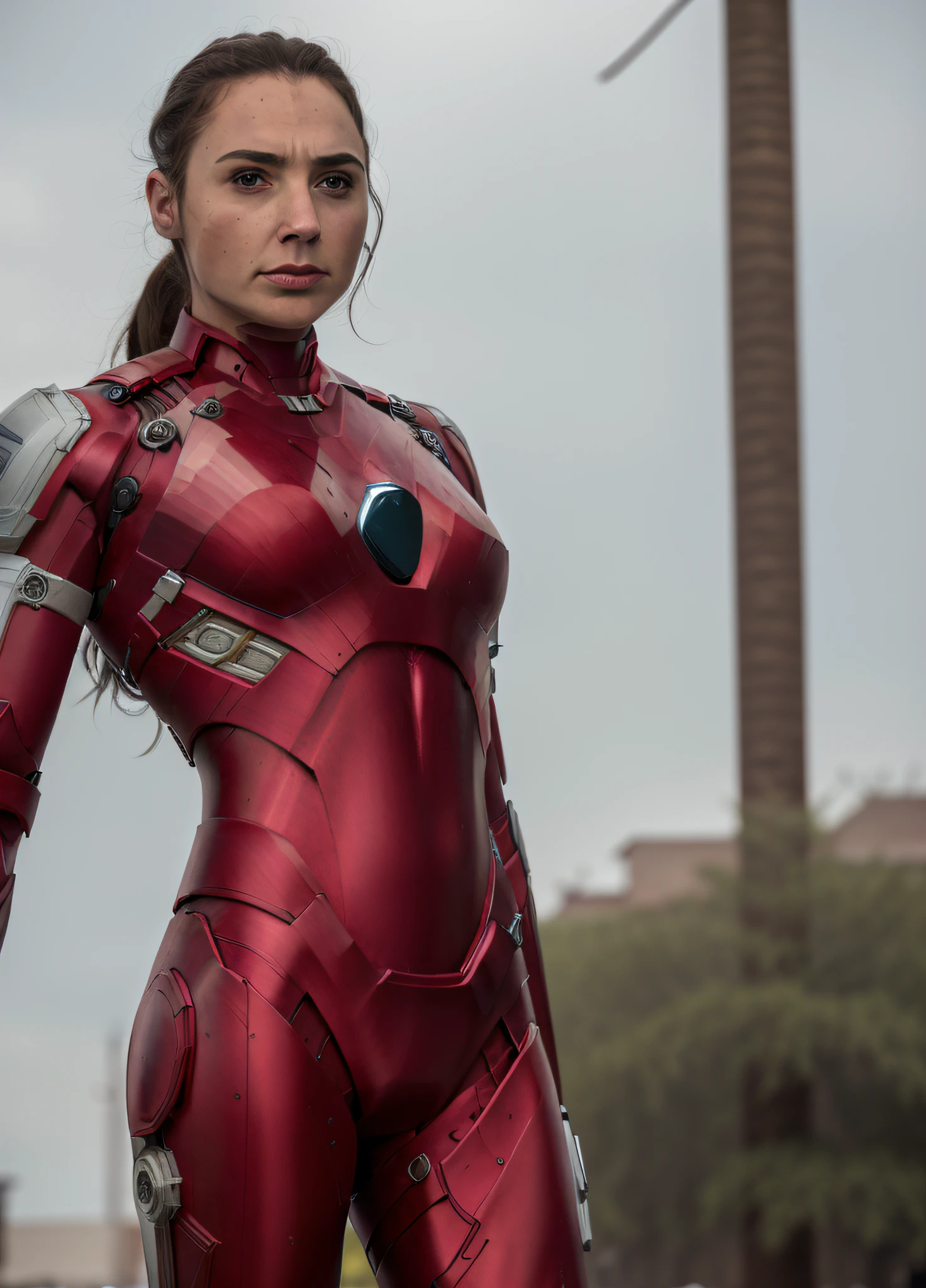 highres, masterpiece, 1girl, solo, best quality, realistic, outdoors, gldot,looking at viewer, perspective shot, in (Ironman suit), sweat, petite, navel, black hair, smirk