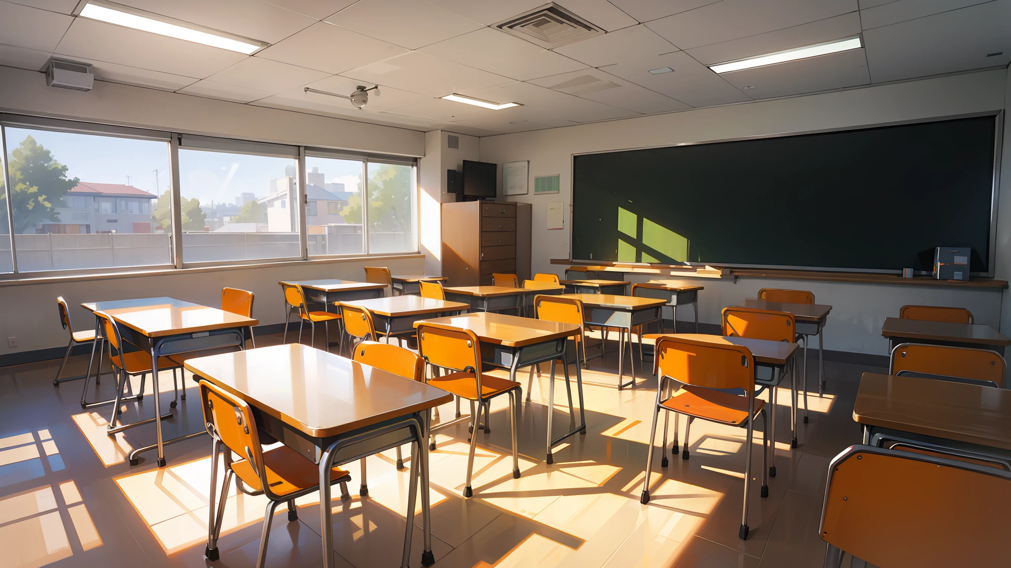 School classroom interior, modern architecture, corner room, windows fill left and back walls, black chalkboard on right wall, grey topped desks in rows with orange plastic chairs facing right, children in chairs, teacher at board, skylight, bright light, park and single family homes outside, a positive learning environment the fosters mutual respect and learning.