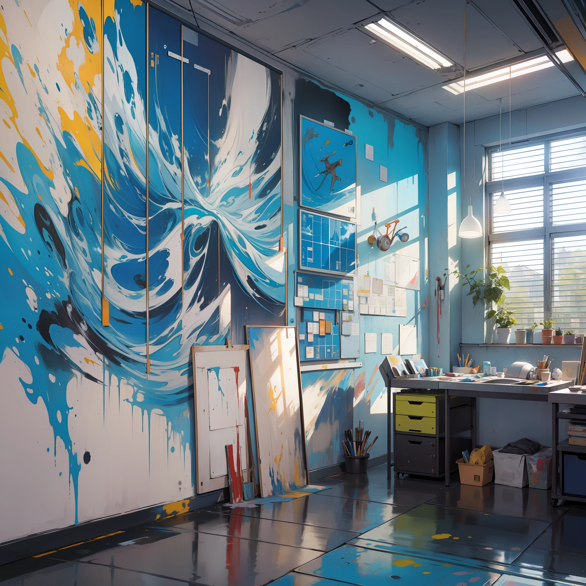 Art room, futuristic, paint on the walls