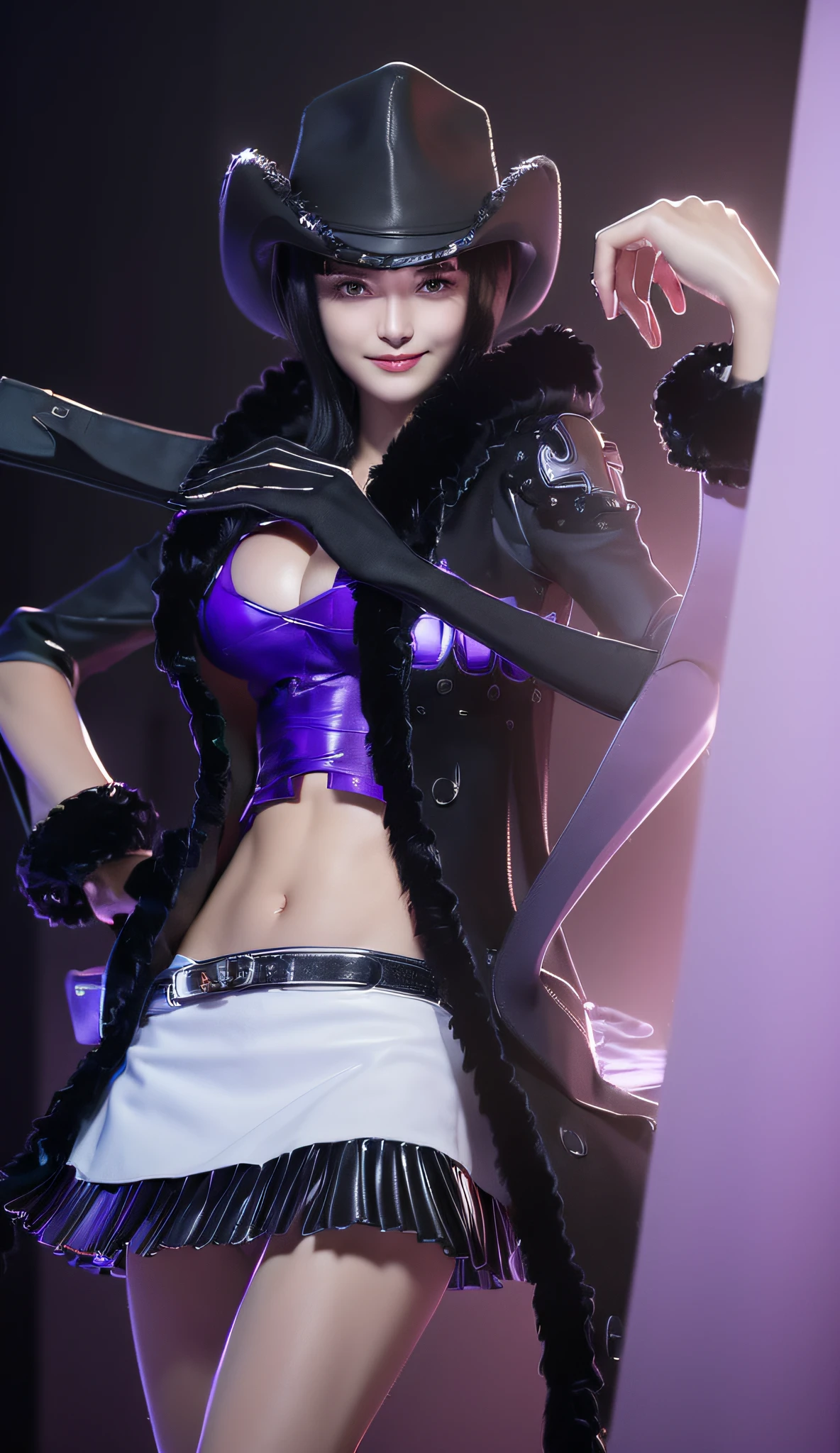 ((Best Quality, 8k, Masterpiece :1.3)), Full body, Long legs, Sharp Focus :1.2, A beautiful woman with perfect figure :1.4, Slim abs :1.1, ((Black hair, Huge breasts :1.2)), (Purple top, black leather pants, white coat), Highly detailed face and skin texture, fine eyes, double eyelids, smile
