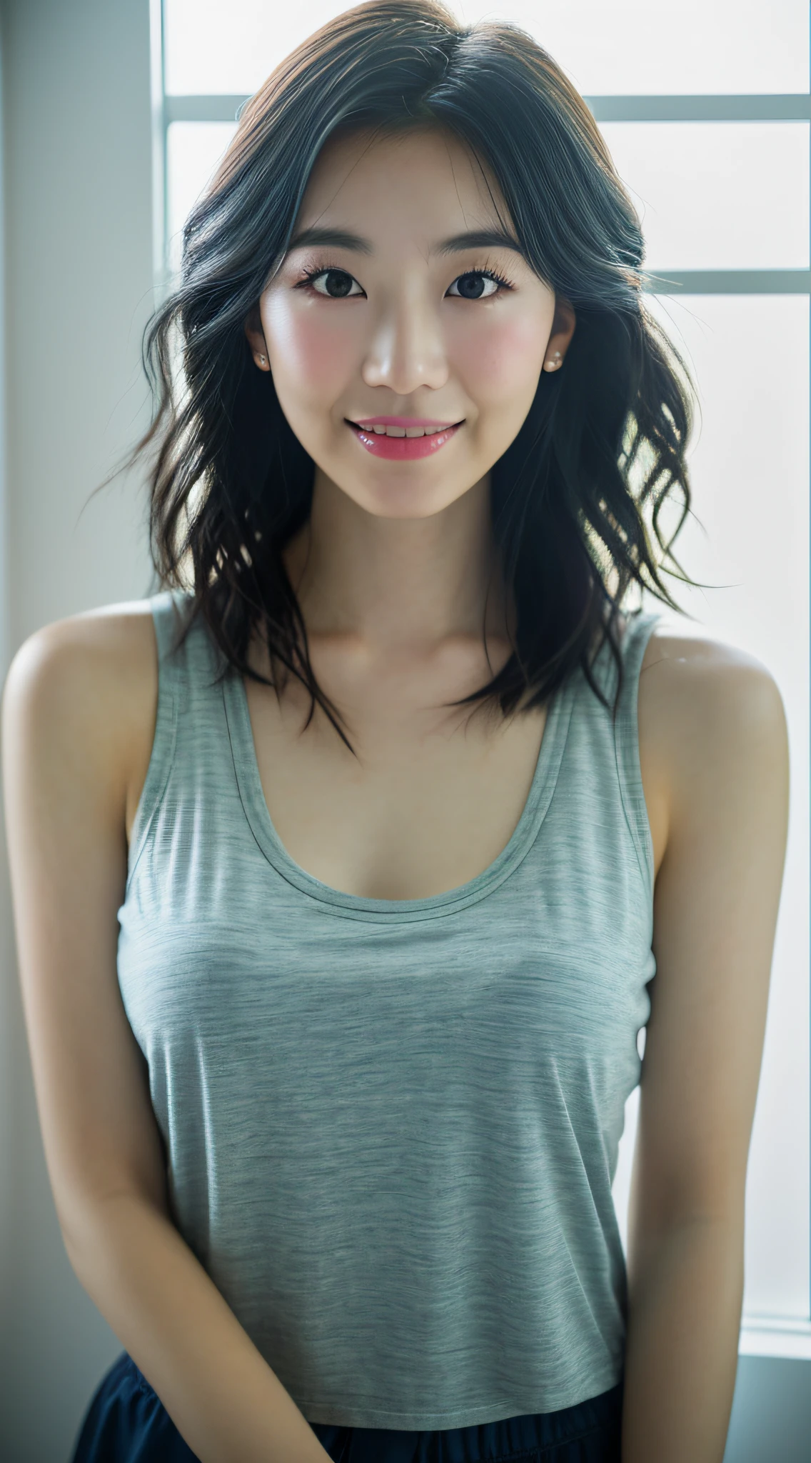 realistic photos of (1 cute Korean star) light makeup, medium breasts size, tank top, slightly smile, at the window, messy hair, kanzashi, devil eyes, cut-in, caustics, 35mm, Sony FE, backlighting, reflection light, Surrealism, UHD, high details, highres, best quality, 8k, 16k