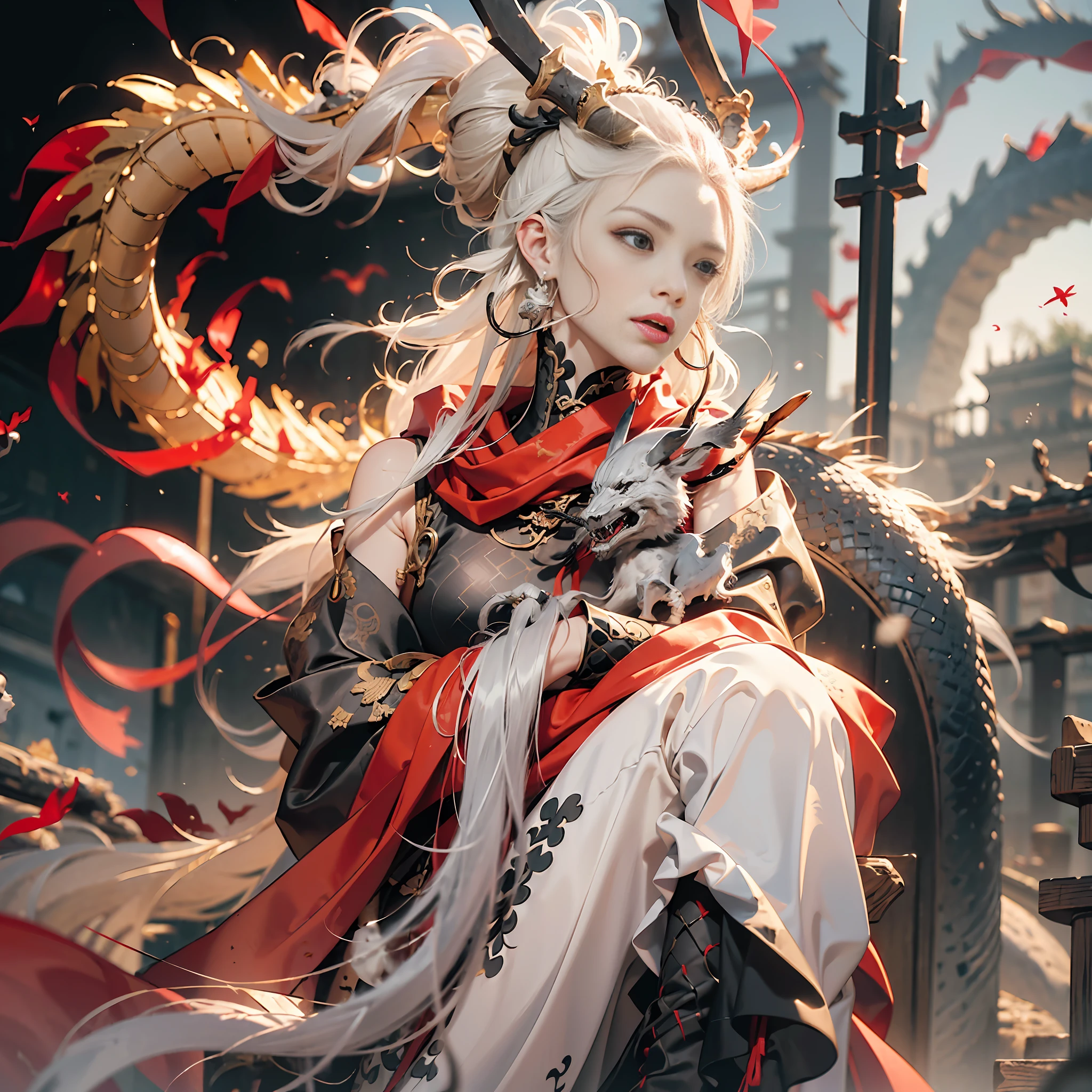 ((Very high quality picture, HD +8K)), ((Chinese style, long white hair tied in a ponytail, gorgeous brocade guard: 1.2, red scarf with the wind, young woman: 2.5, facial details: 1.5, fire: 1:1, ice: 1:1)), expression painting, delicate and beautiful woman with facial features, Stick the long sword on the ground and sit on the throne of bones that has escaped most of the shell, the sword is surrounded by human skeletons, and the black dragon flies behind, the creativity is dark.