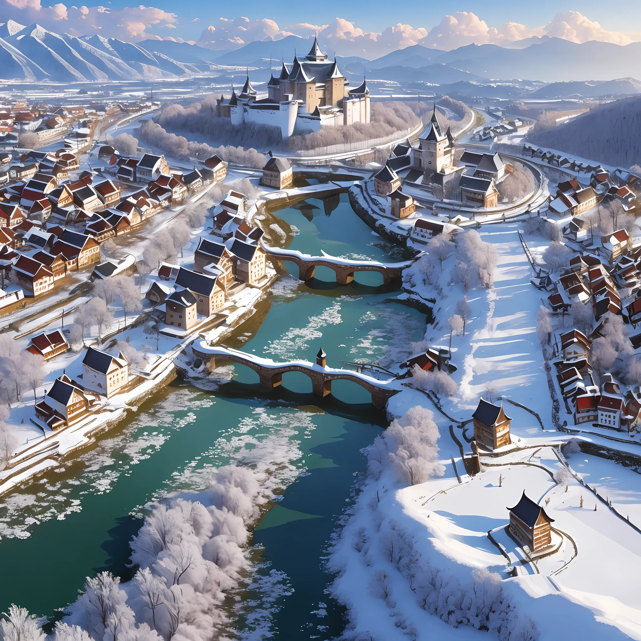 Medieval East Asian town with snow and castle --auto --s2