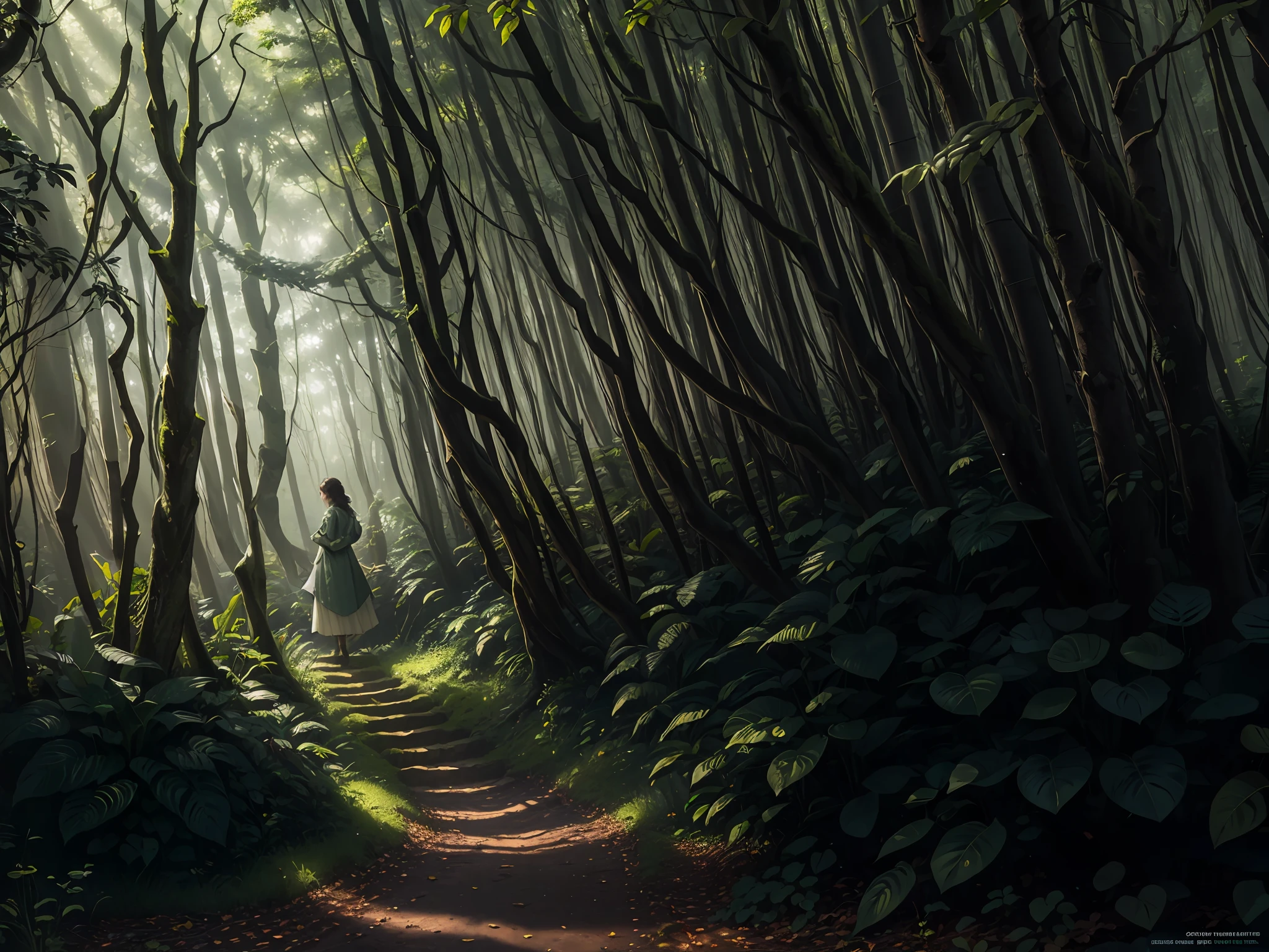 (extremely detailed CG unity 8k wallpaper, best quality, masterpiece), lush and overgrown forest, ethereal and otherworldly, shimmering, misty, gently sloping, (a small clearing in the center), shafts of light filtering through the dense canopy, verdant, (a single figure standing in the clearing), (fleur-de-lis patterned coat, dark hair, and intense eyes), (fog or mist surrounding the figure), (subtle hints of magic or fantasy elements), (embedded tags: green, enchanting, dreamlike)