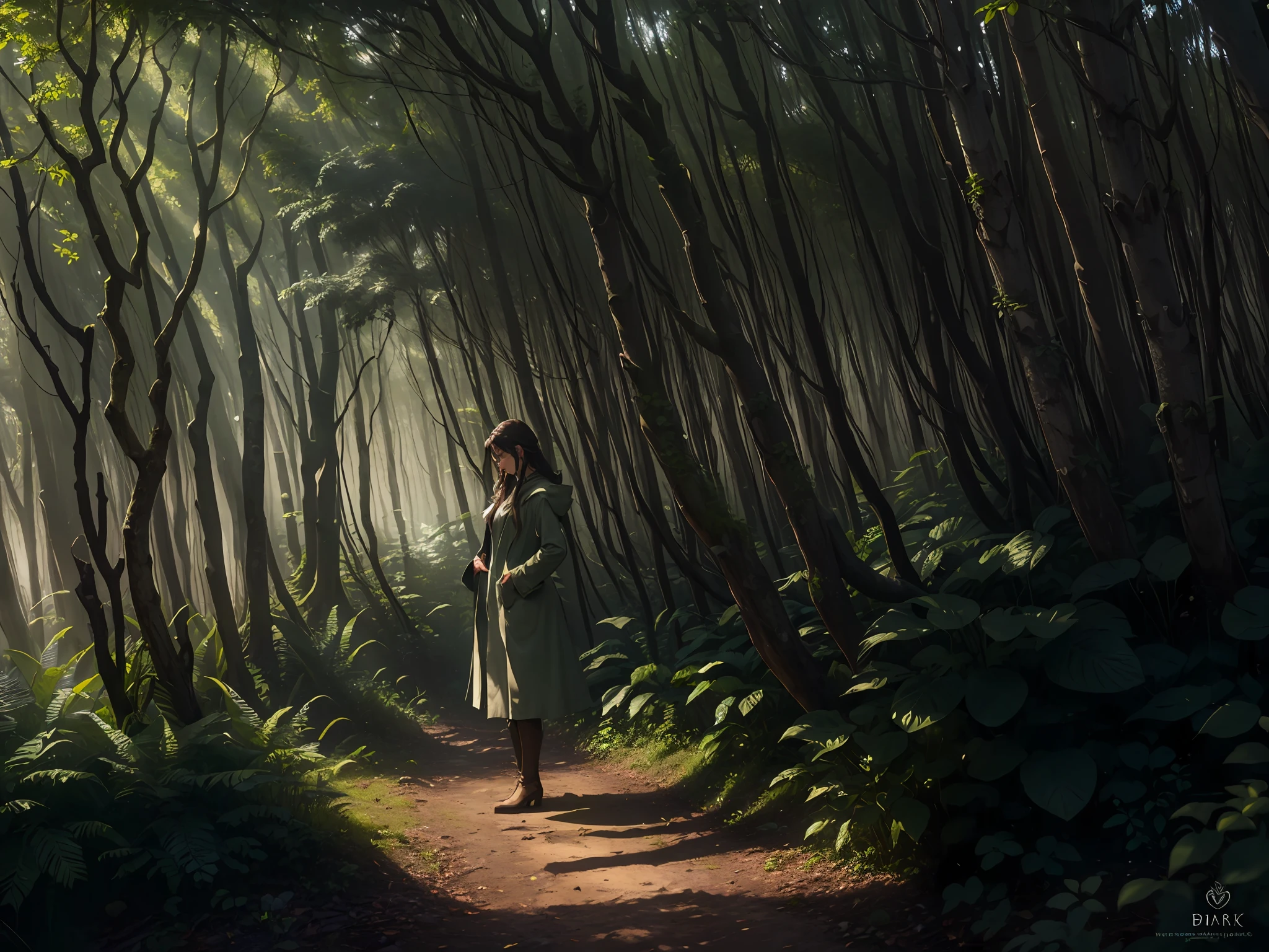 (extremely detailed CG unity 8k wallpaper, best quality, masterpiece), lush and overgrown forest, ethereal and otherworldly, shimmering, misty, gently sloping, (a small clearing in the center), shafts of light filtering through the dense canopy, verdant, (a single figure standing in the clearing), (fleur-de-lis patterned coat, dark hair, and intense eyes), (fog or mist surrounding the figure), (subtle hints of magic or fantasy elements), (embedded tags: green, enchanting, dreamlike)