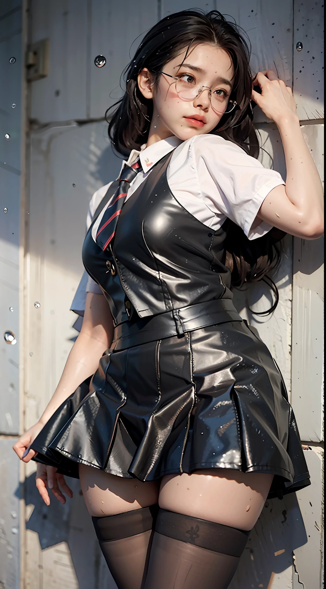 Leaning against the wall, turning back to the camera, cocking back, black stockings, sweaty, sweaty, blushing, shy, crying, full of water, wet all over, vest, short skirt, loose, black glasses, plump, inner eight, school uniform