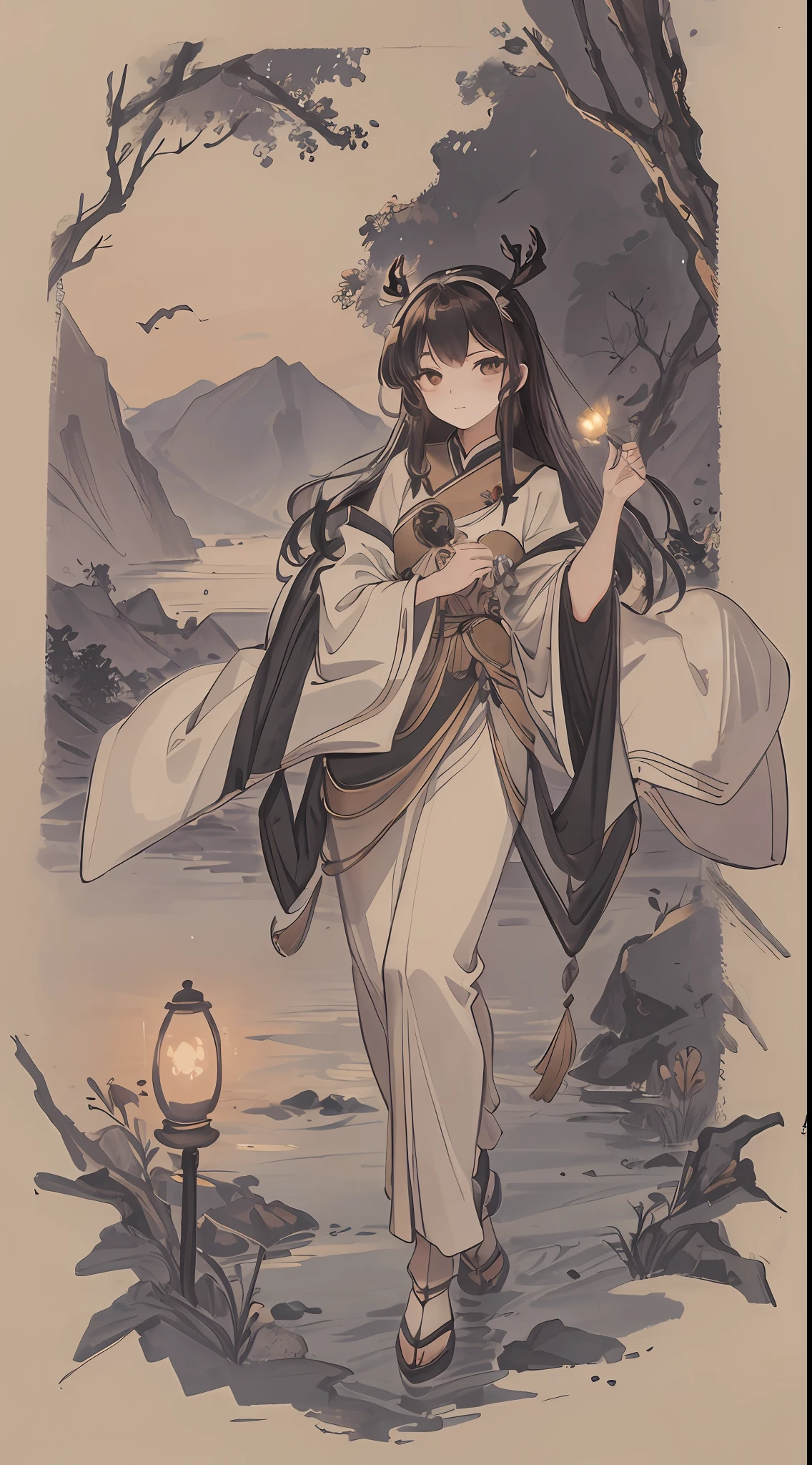 Masterpiece, best quality, night, hills, river, half moon, sika deer, silhouette, firefly, diaphragm.