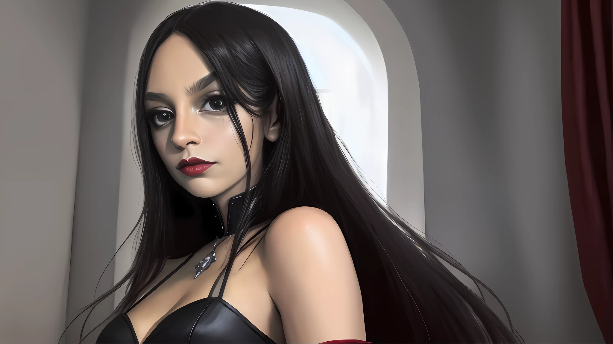 masterpiece, best quality, highest quality, cinematic lighting, (volumetric lighting), extremely detailed CG 8k wallpaper unit, focused, 8k wallpaper, 4k wallpaper, extremely detailed, ultra realistic, photorealistic, sharp focus, absurd, (HDR: 1.2), (high contrast), photography, detailed and intricate, instagram, portrait, highly detailed, digital painting, artstation, concept art, smooth, sharp focus, illustration, cinematic lighting, brazilian woman black eyes, long straight black hair, red lipstick, castlevania aesthetic, black satin dress