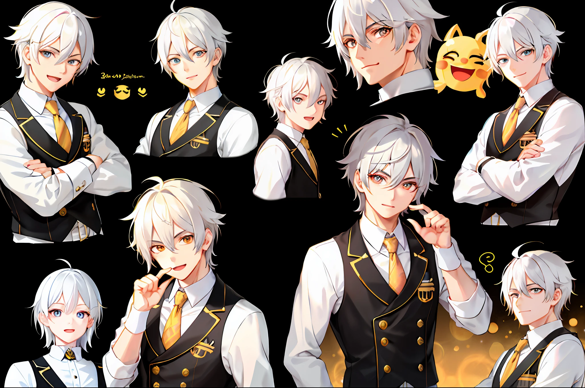 cute boy with golden eyes and white hair, pack of emojis, 9 emoticons, emoji sheet, multiple poses and expressions, anthropomorphic style, Disney style, black strokes, different emotions, multiple poses and expressions, 8k --niji 5