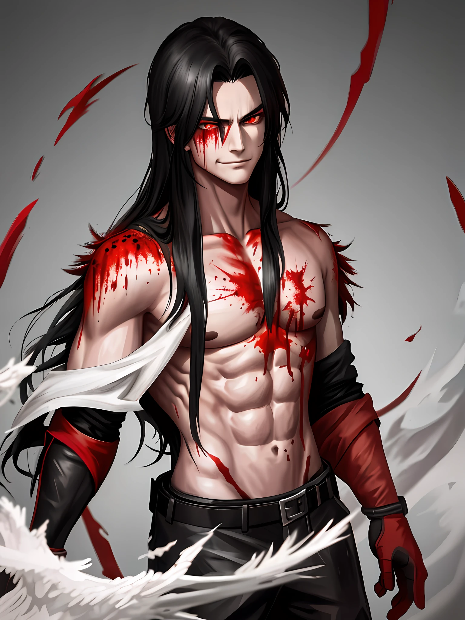 Best quality, solo, long black hair, shirtless, red eyes, battlefield, night, dry hair, wet clothes, smirk, chest scars, blood aura
