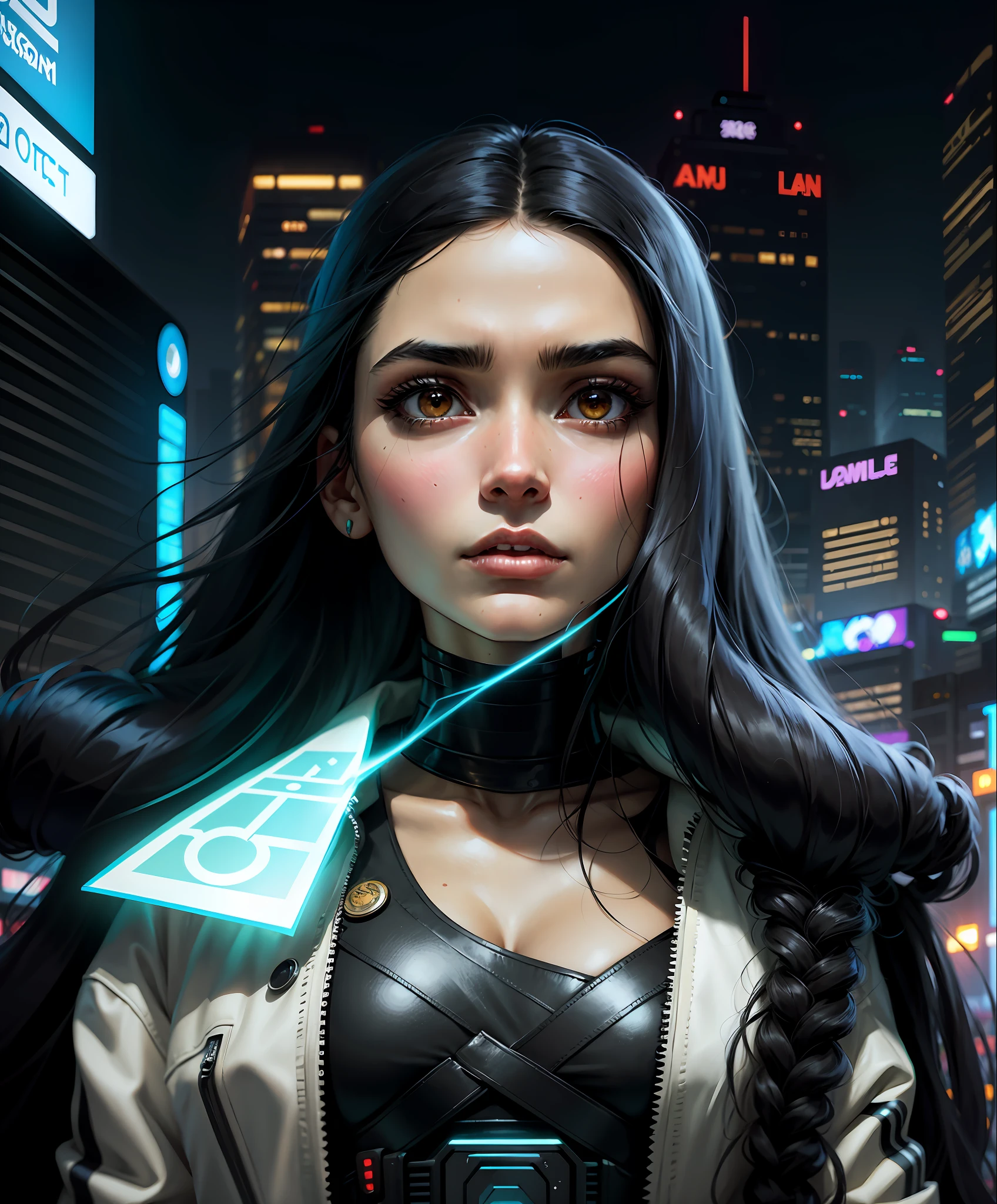 Arafed woman with long black hair and a tan jacket, anime, futuristic, cyberpunk woman with arabic features