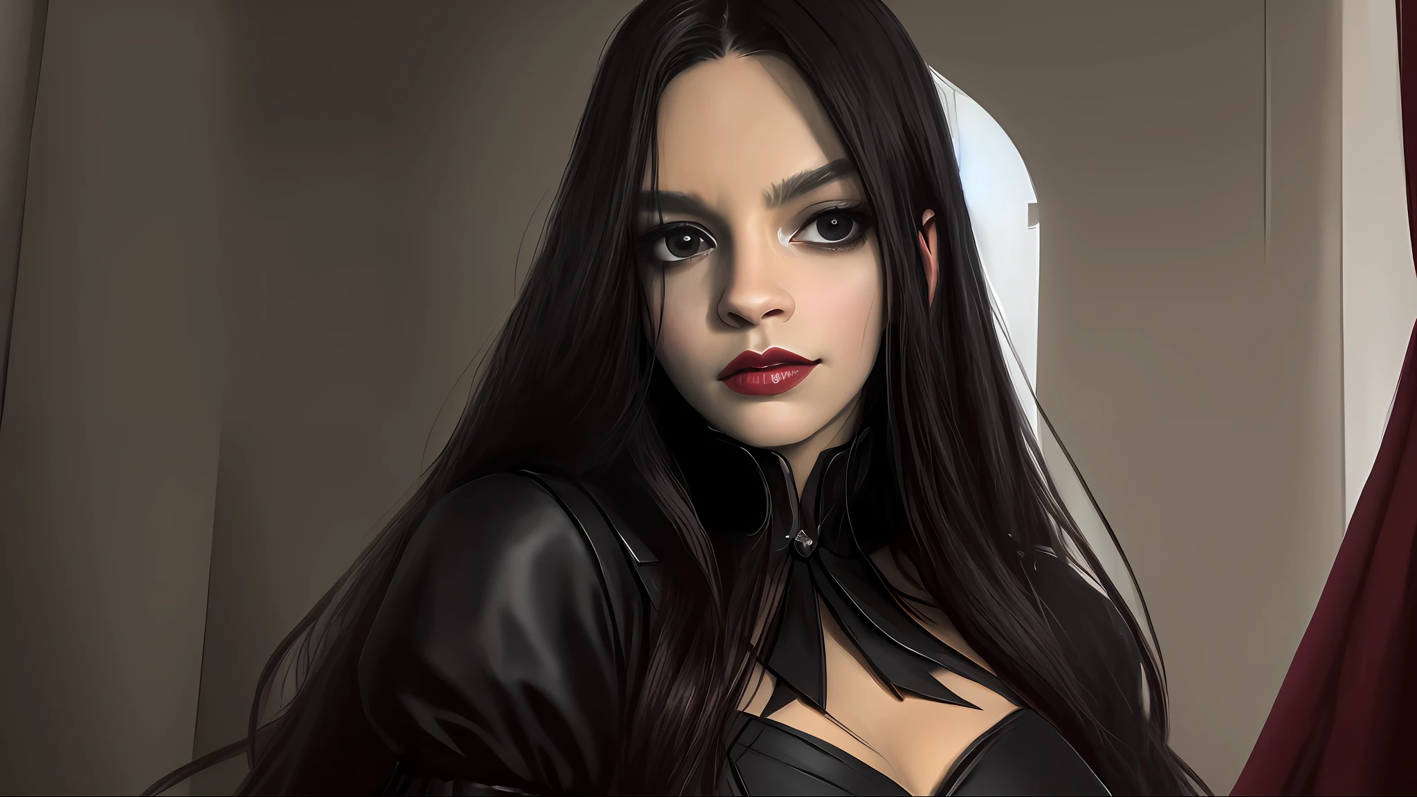 masterpiece, best quality, highest quality, cinematic lighting, (volumetric lighting), extremely detailed CG 8k wallpaper unit, focused, 8k wallpaper, 4k wallpaper, extremely detailed, ultra realistic, photorealistic, sharp focus, absurd, (HDR: 1.2), (high contrast), photography, detailed and intricate, instagram, portrait, highly detailed, digital painting, artstation, concept art, smooth, sharp focus, illustration, cinematic lighting, brazilian woman black eyes, long straight black hair, red lipstick, castlevania aesthetic, black satin dress