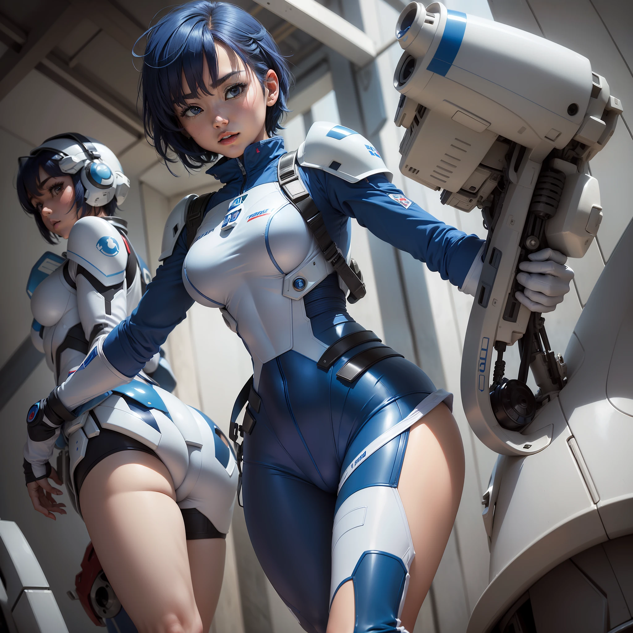 (Masterpiece, Best Quality, Highest Resolution, distinct_image): (Solo, Japan face, short blue-haired girl, full body figure, small breasts, sparkling blue colored eyes, pilot suit in white and blue color, tight fit clothes, clothes covering the whole body, beauty, vivacious, lovely, slim body, exoskeleton, gundam pilot)
