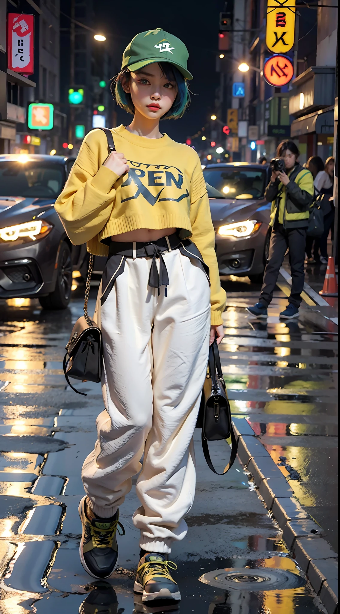 A girl who leads a hip-hop troupe,Local hair is dyed in dark blue,Exquisite short hair,Black and green contrast trend baseball cap,Fluorescent green Cosmetic Contact Lenses,Eyes with highlights.Bad and handsome eyes,One-sided cross earrings,Sharp and stylish broken eyebrows,Poor figure, no figure at all.Tall and weak,A confident, Full of arrogance, arrogance, and cold personality.Fashion graffiti sports coat,Yellow and white contrast trend round neck half sleeve sweater,Khaki zebra sweatpants,Desert yellow high-top shoes,Arm rattan tattoos,There is a Dodge Hellcat parked beside her,She take a photo with Dodge Hellcat,Under the neon lights in Tokyo,The ambient light is dim, and the shadows of the characters are thick.Life documentary,Real-time rendering of night light and shadow of NVIDIA RTX4090 graphics card,An asphalt road with local water accumulation,Reflection appears on some water surfaces.3D modeling and 2D rendering