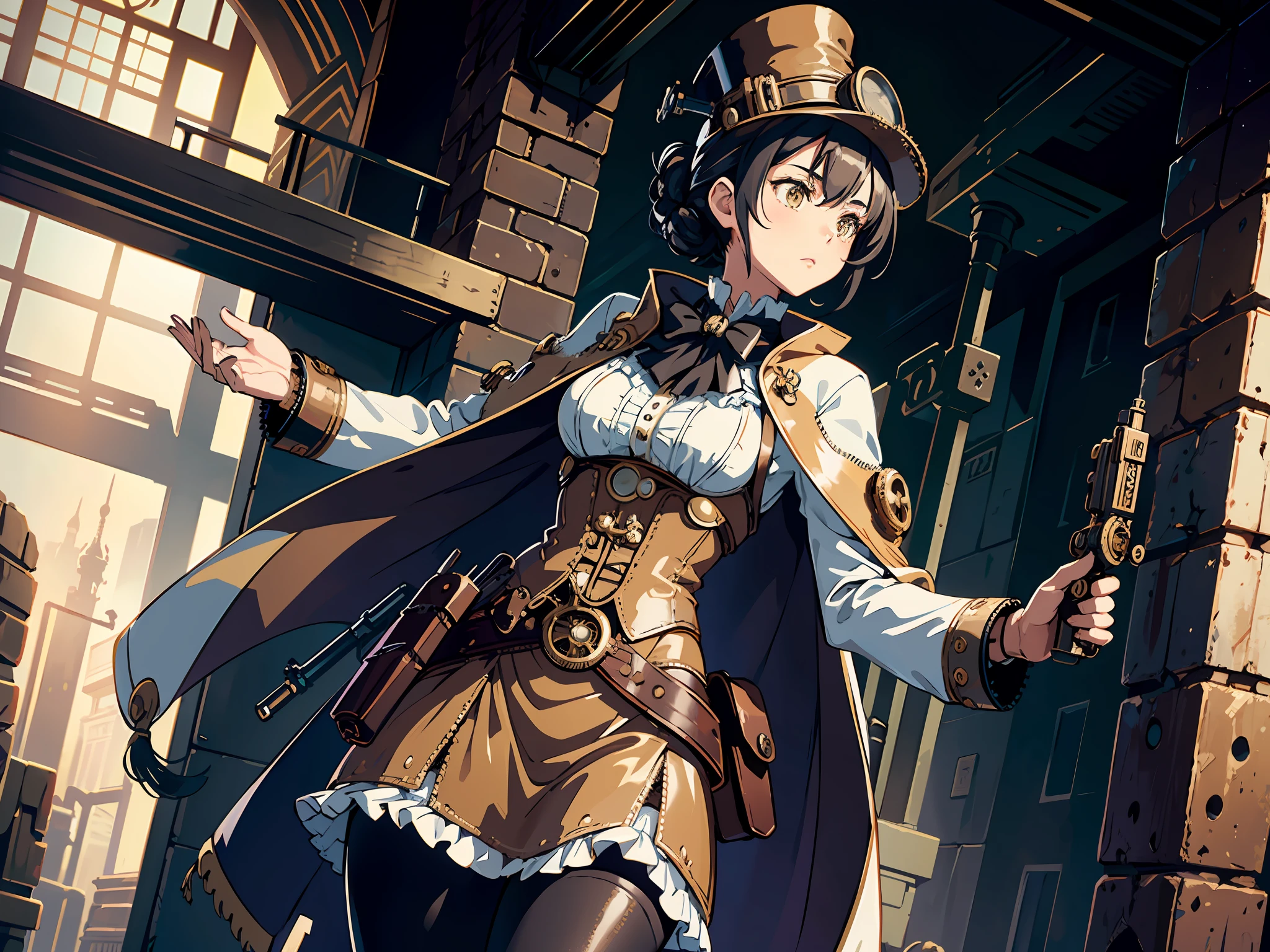 masterpiece, absurdres, best quality, best aesthetic, ultra-detailed, ultra detailed, extremely detailed, science fiction, 1girl, solo, (steampunker:1.5), black hair, short hair, half updo, sidelocks, hat, hat ornament, gear ornament, white shirt, capelet, tassel, white sleeves, long sleeves, gloves, high collar, holding gun, intricate details, brown skirt, frilled skirt, slanted belt, pantyhose, pouch, strap, buckle, steampunk city, cowboy shot, wide shot, looking away, looking to the side,