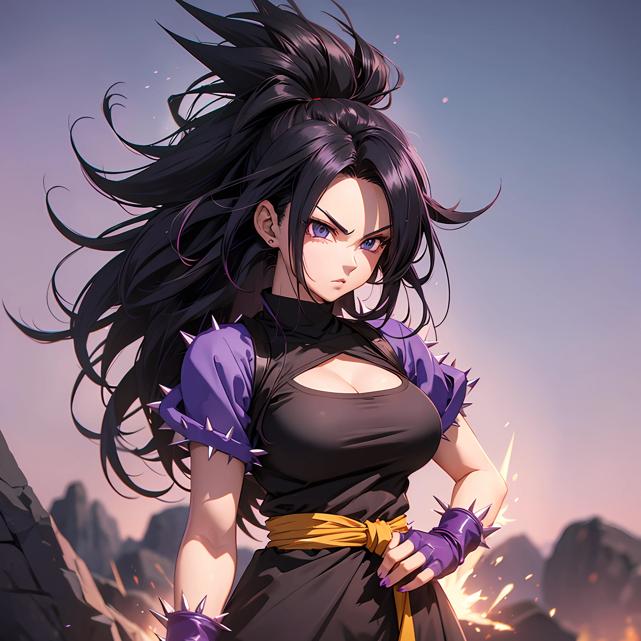 Woman dragon ball, purple gloves, long black spiky hair, Saiyan, black hair, saiyan uniform, dbz, dragon ball, raditz, bulma --auto --s2