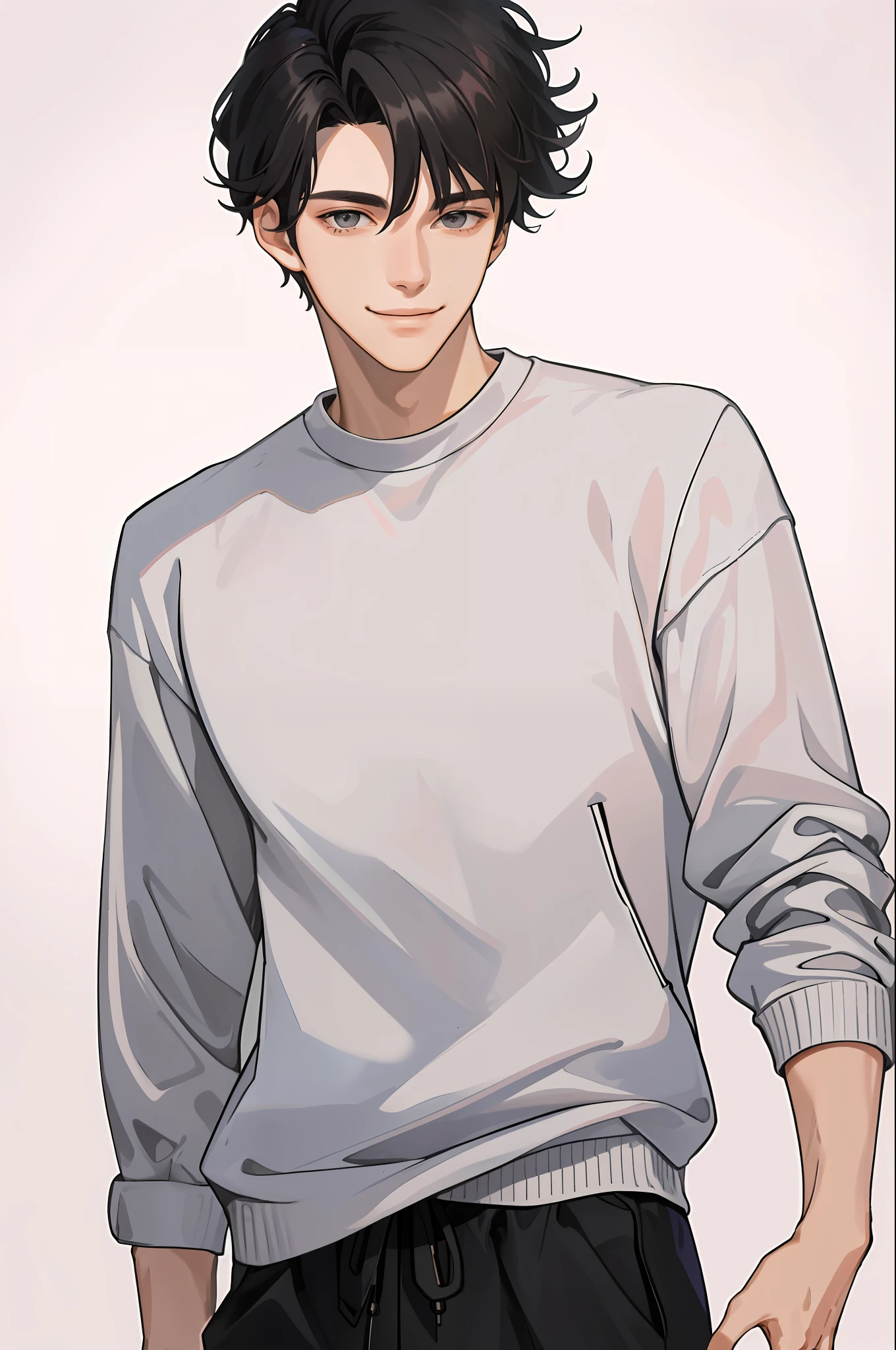 masterpiece, Best quality, Realistic, Single, Male in his twenties, Slim, Handsome, Smile, Closed mouth, Portrait, Very detailed face, Gray-pink background, plain white long sleeve sweatshirt, black hair, straight face, hands not visible