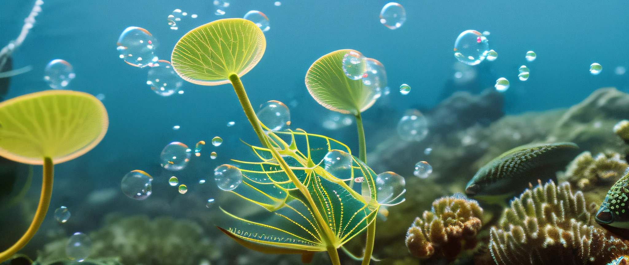 classicnegative, (low angle) macro photography of colorful fractal (((fantasy alien plants ))) in underwater world, bubbles, 200mm 1.4f, cinematography