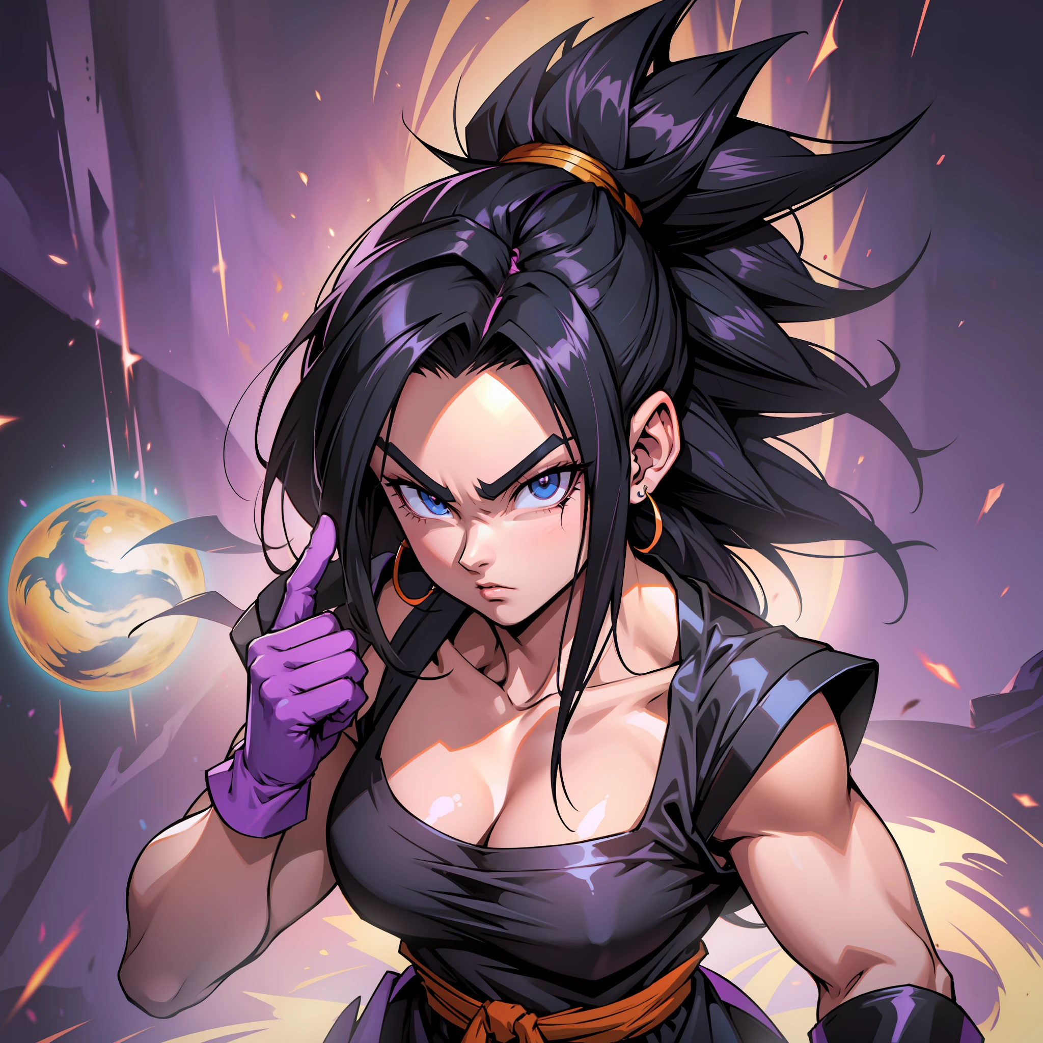 Woman dragon ball, purple gloves, long black spiky hair, Saiyan, black hair, saiyan uniform, dbz, dragon ball, raditz, bulma