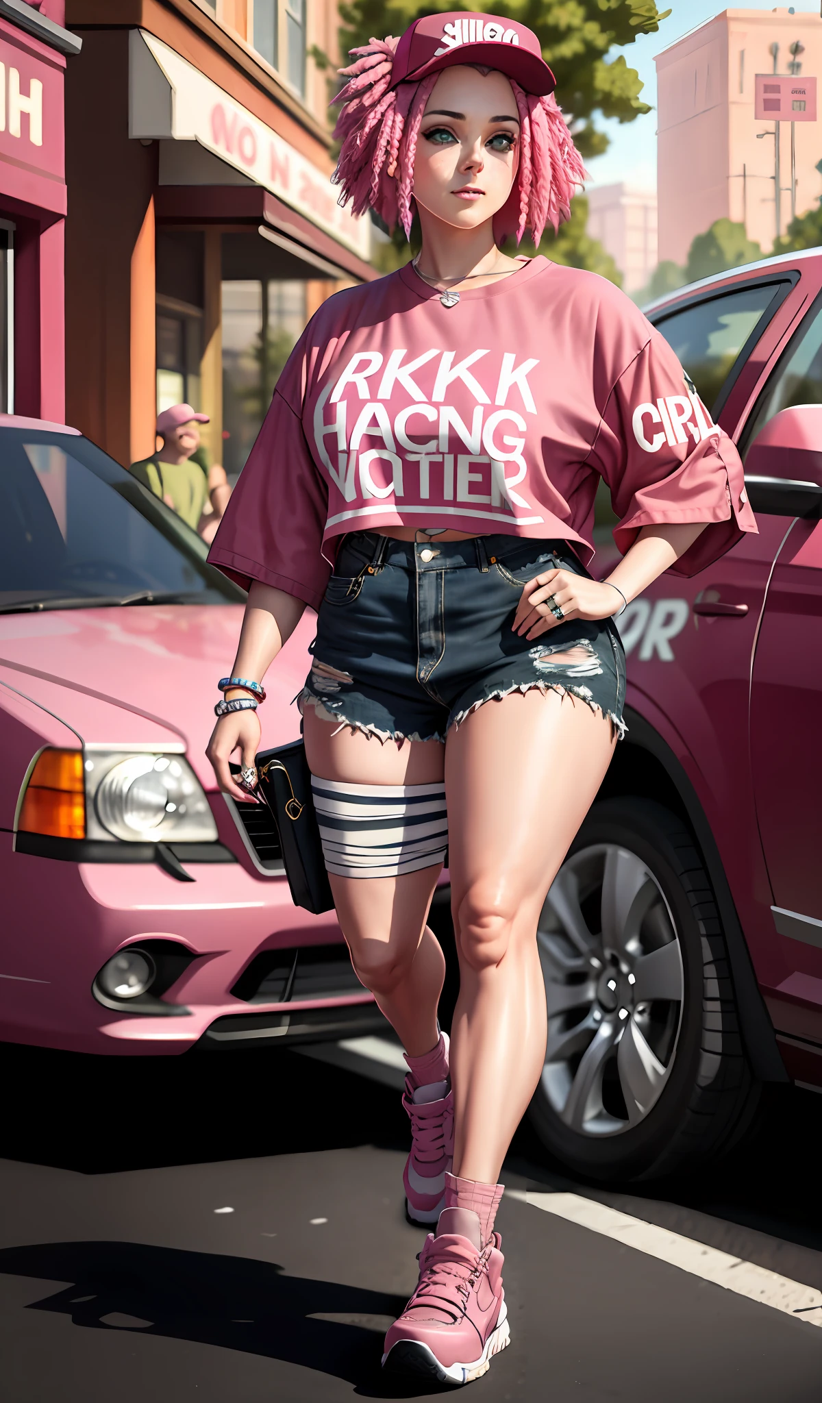 4k, realistic, very detailed, a girl walks, she is dressed in casual clothes, rock theme, oversized clothes, short pink hair, green eyes, 25 years old, chubby, full body, wearing Air Jordan shoes