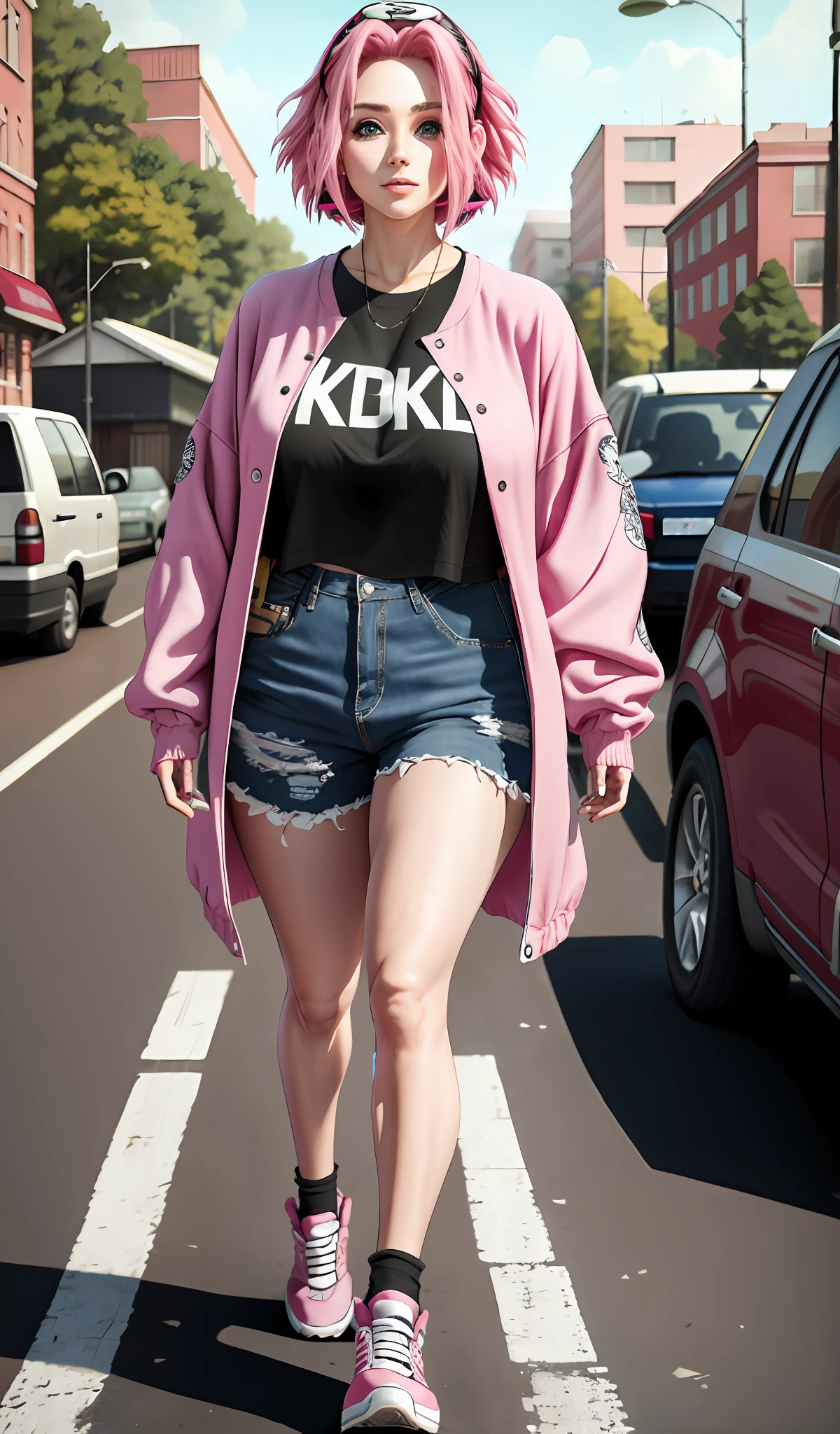 4k, realistic, very detailed, a girl walks, she is dressed in casual clothes, rock theme, oversized clothes, short pink hair, green eyes, 25 years old, chubby, full body, wearing Air Jordan shoes