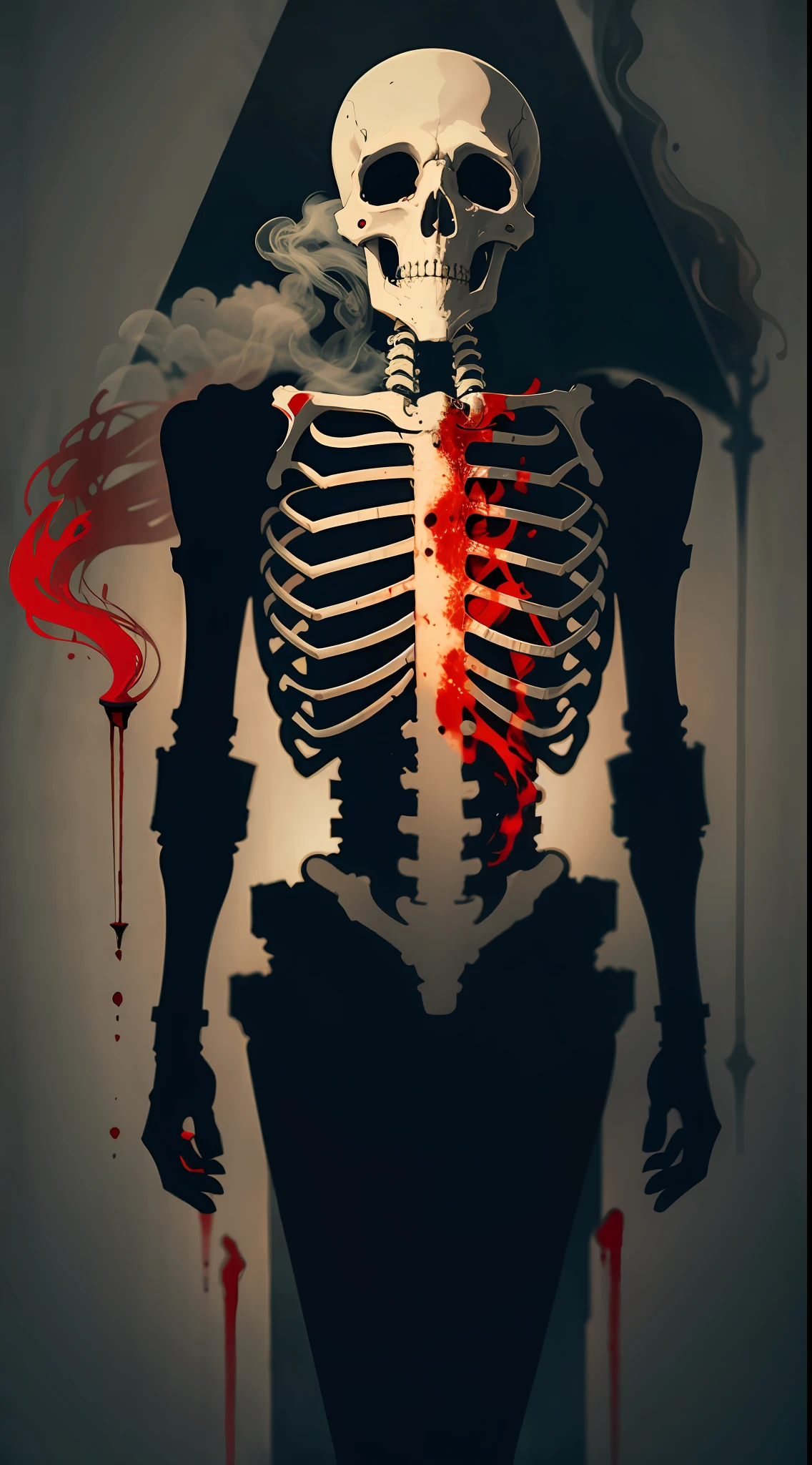 skeleton, broken, red, blood, soul, smoke, haunted, broken, ancient, mysterious, terrifying, evil, flying liquid, mysterious, ancient, Bauhaus art, dramatic lights,