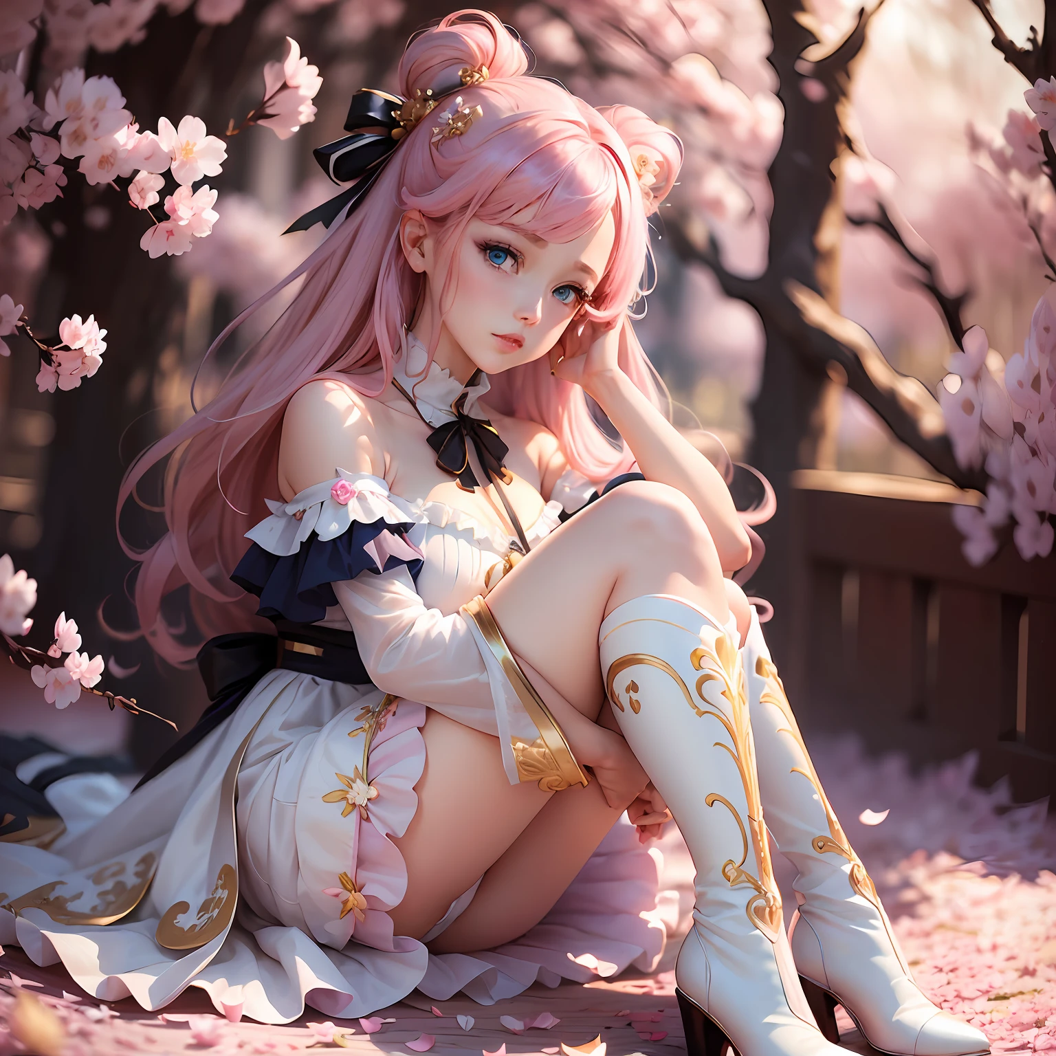 (masterpiece), (best quality), (ultra-detailed), (an extremely delicate and beautiful), (floating), (high resolution), (dynamic pose), (1girl), (blue eyes), (pink hair), (white dress), (black thigh-high boots), (ribbons), (cherry blossom petals), (golden hour), (dreamy), (vibrant colors). --s2