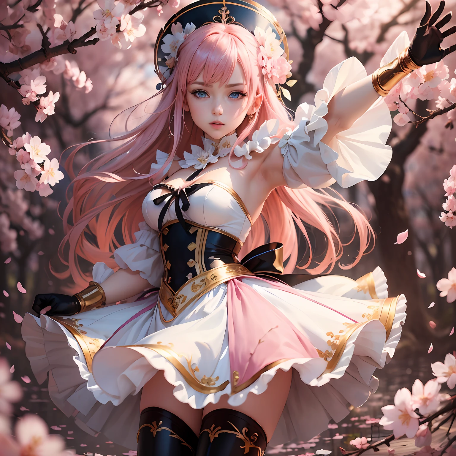 (masterpiece), (best quality), (ultra-detailed), (an extremely delicate and beautiful), (floating), (high resolution), (dynamic pose), (1girl), (blue eyes), (pink hair), (white dress), (black thigh-high boots), (ribbons), (cherry blossom petals), (golden hour), (dreamy), (vibrant colors). --s2