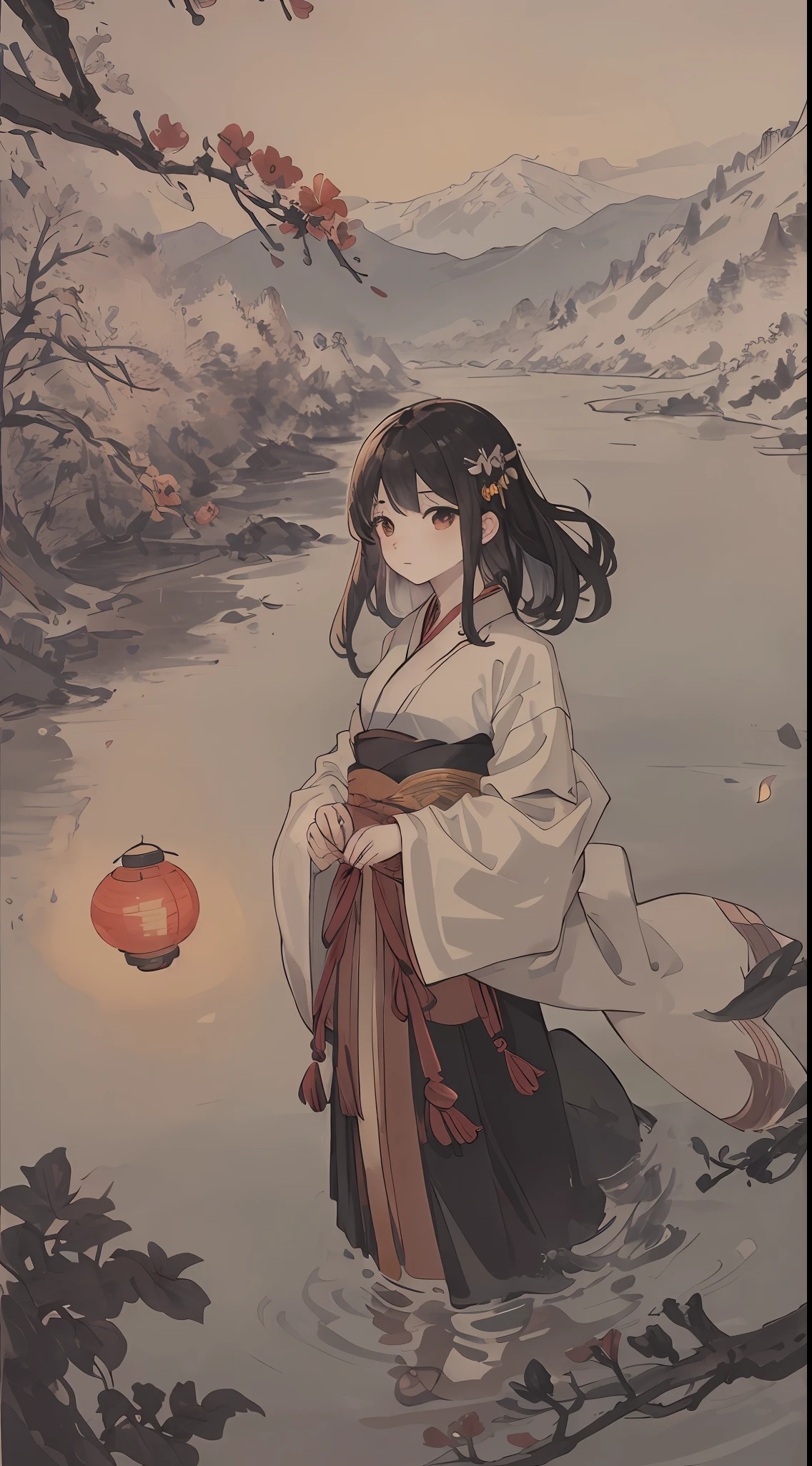 (masterpiece, and best quality), there is a river opposite the snowy mountain at night, there are many lanterns by the river, and the silhouette of the woman, this picture is very beautiful and romantic; In the distance, a red moon hangs high in the sky, which adds to the mystery of the picture; Wearing Hanfu, there is a comfortable sense of distance between you and the diaphragm; Finally, fireflies flying everywhere decorate the whole picture very delicately and movingly.