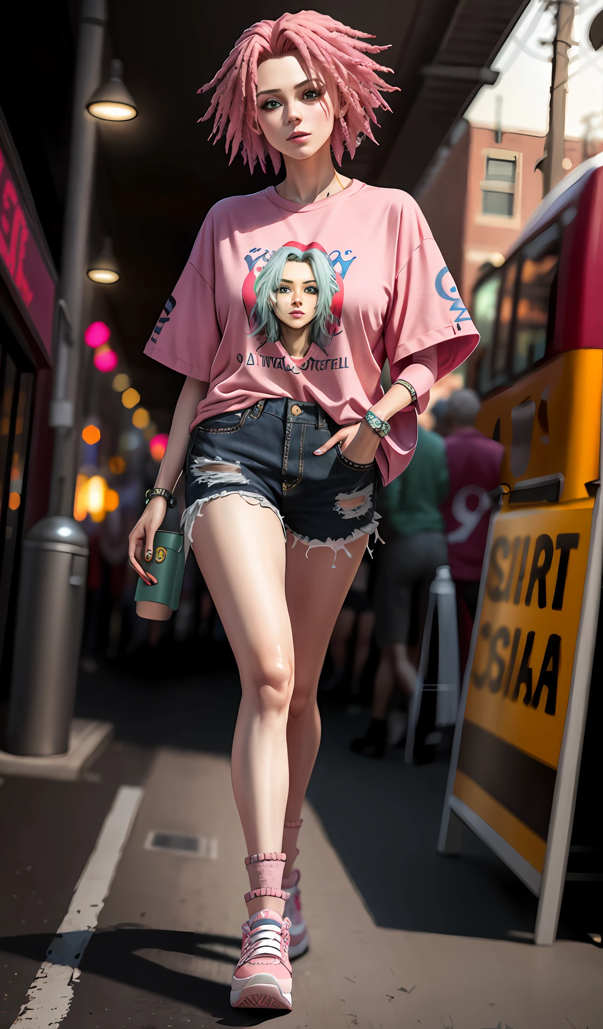 4k, realistic, very detailed, a girl walks, she is dressed in casual clothes, rock theme, oversized clothes, short pink hair, green eyes, 25 years old, full body, wearing Air Jordan shoes