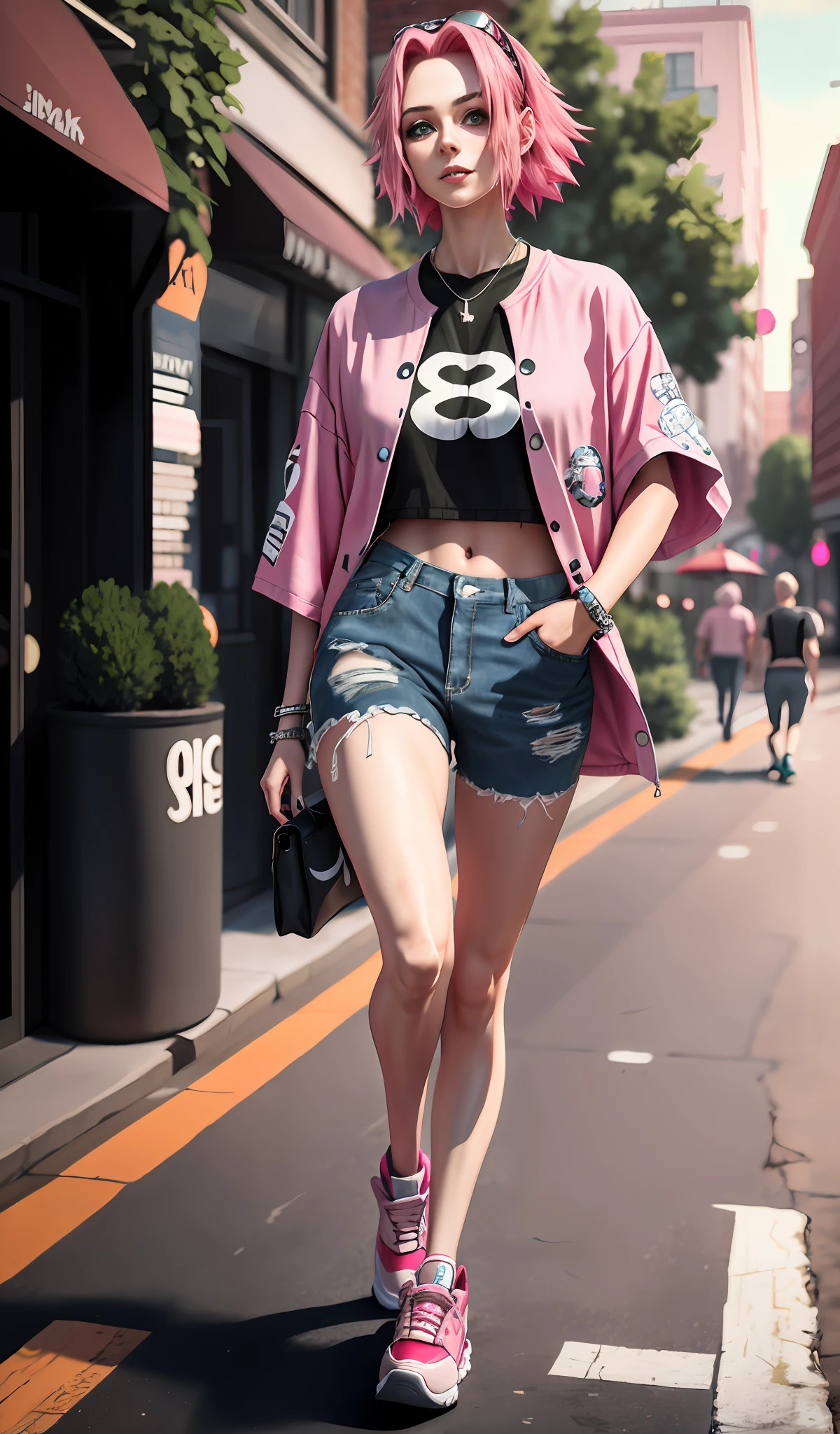4k, realistic, very detailed, a girl walks, she is dressed in casual clothes, rock theme, oversized clothes, short pink hair, green eyes, 25 years old, full body, wearing Air Jordan shoes