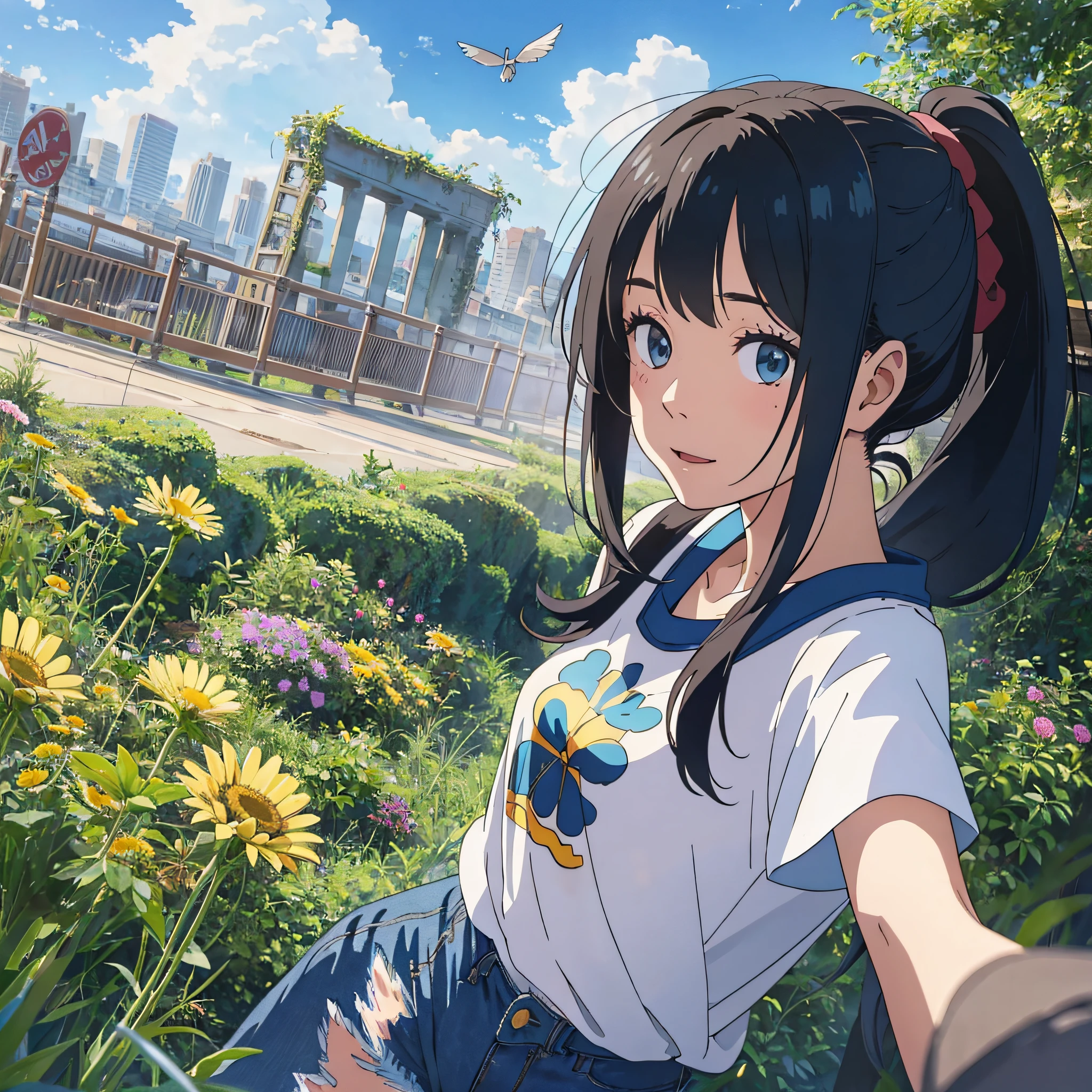 The girl jumped down from the hands of the moss giant statue hundreds of meters high, grabbed one of the huge white dandelion ends and flew away, slowly raising her head, the girl was lively and cheerful. There are also ruins on the face, staining the right side of the face, the clothes are chrysanthemum T-shirts, short sleeves, the clothes are wrinkled, blue denim shorts, the hair is ponytail or long hair, the style is a bit like Miyazaki --auto --s2
