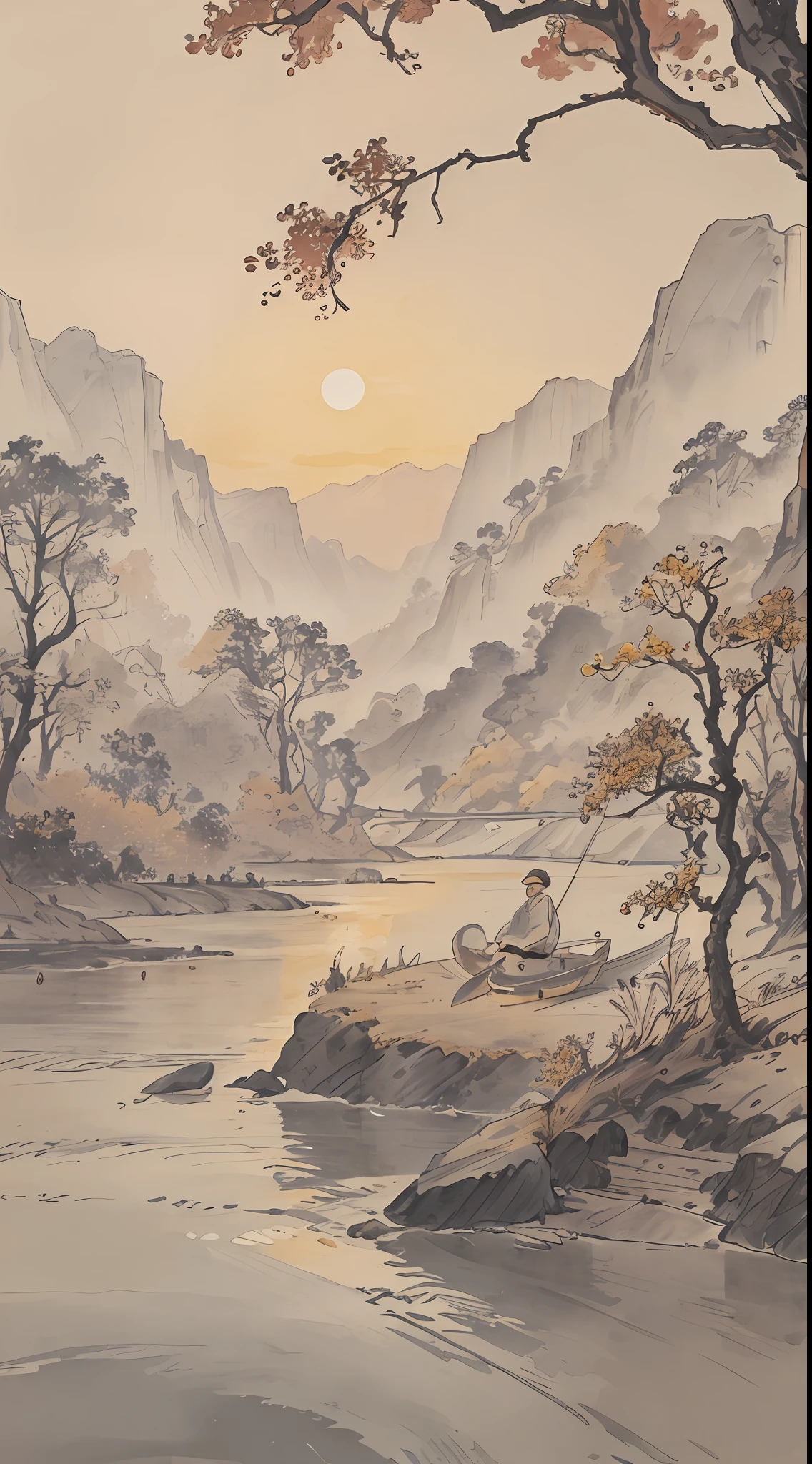 Natural landscapes, sparkling rivers, lonely boats, focused fishermen, waiting for catches, the figure and spirit of the fisherman bending over seem to penetrate the picture, leisurely, and even time seems to become slow; The setting sun shines on the picture, and the scenery on the calm river surface comes into view, and the picturesque landscape looks magnificent.