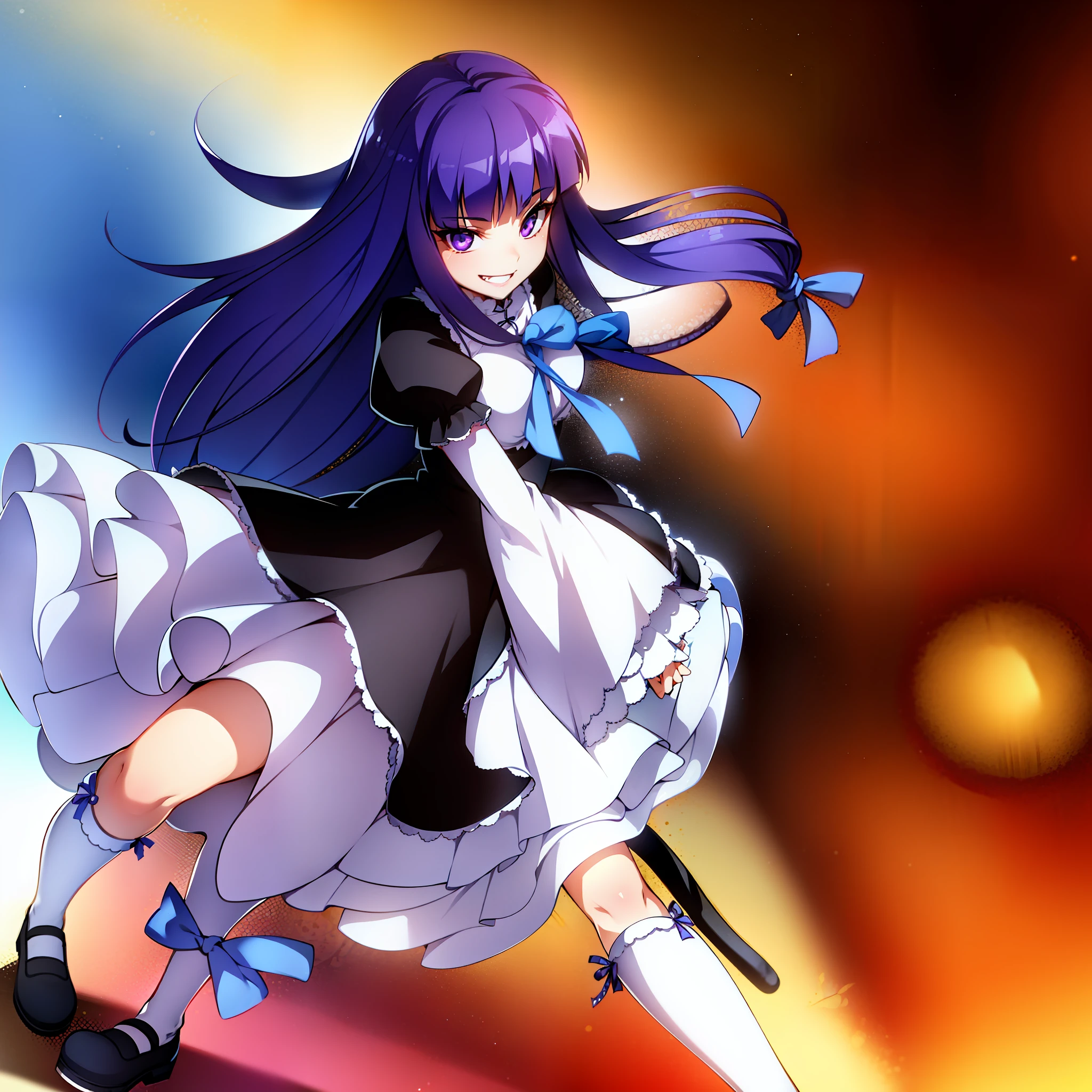 1girl, frederica bernkastel, blue hair, blunt bangs, bow, cat tail with bow, dress, drink, kneehighs, long hair, purple eyes, ribbon, shoes, solo,tail ornament, tail ribbon, white legwear, evil smile