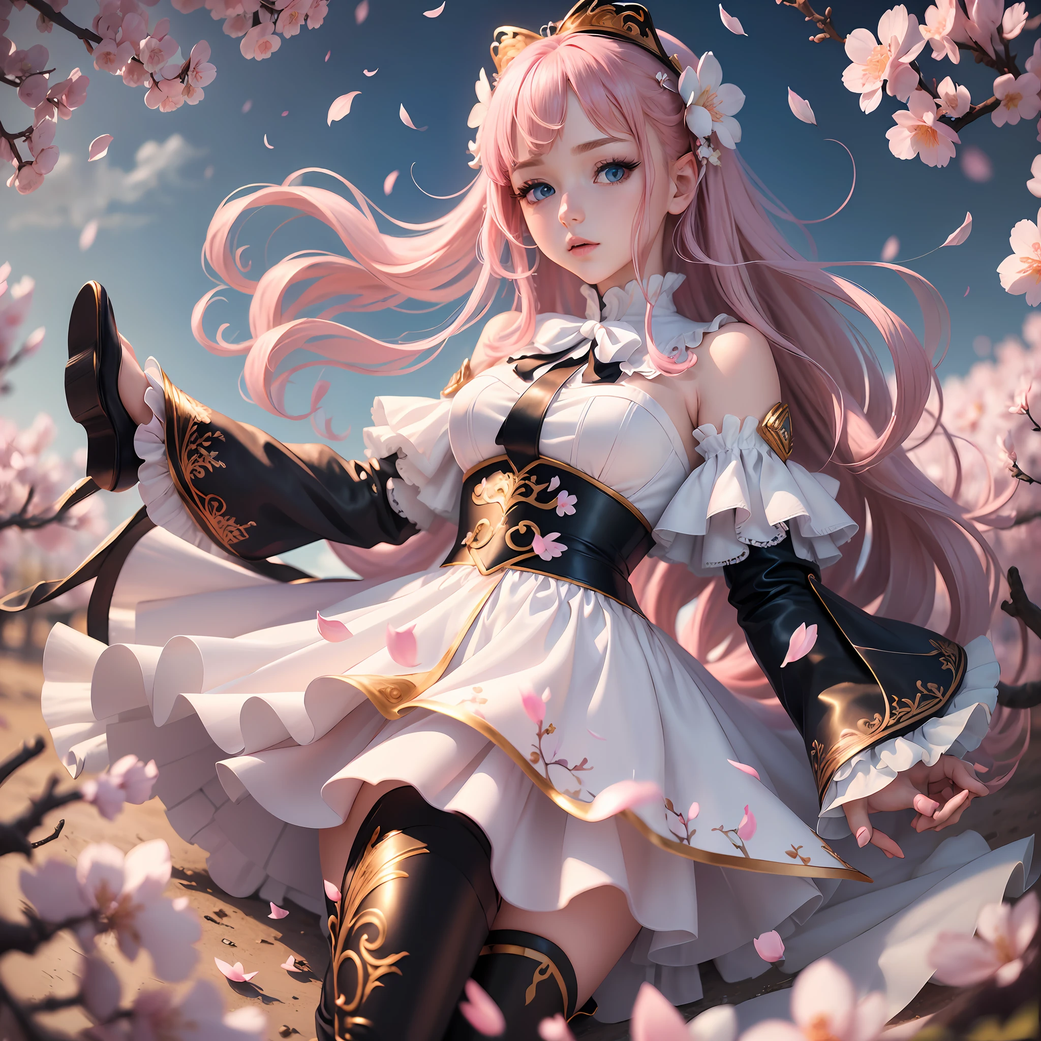 (masterpiece), (best quality), (ultra-detailed), (an extremely delicate and beautiful), (floating), (high resolution), (dynamic pose), (1girl), (blue eyes), (pink hair), (white dress), (black thigh-high boots), (ribbons), (cherry blossom petals), (golden hour), (dreamy), (vibrant colors). --s2