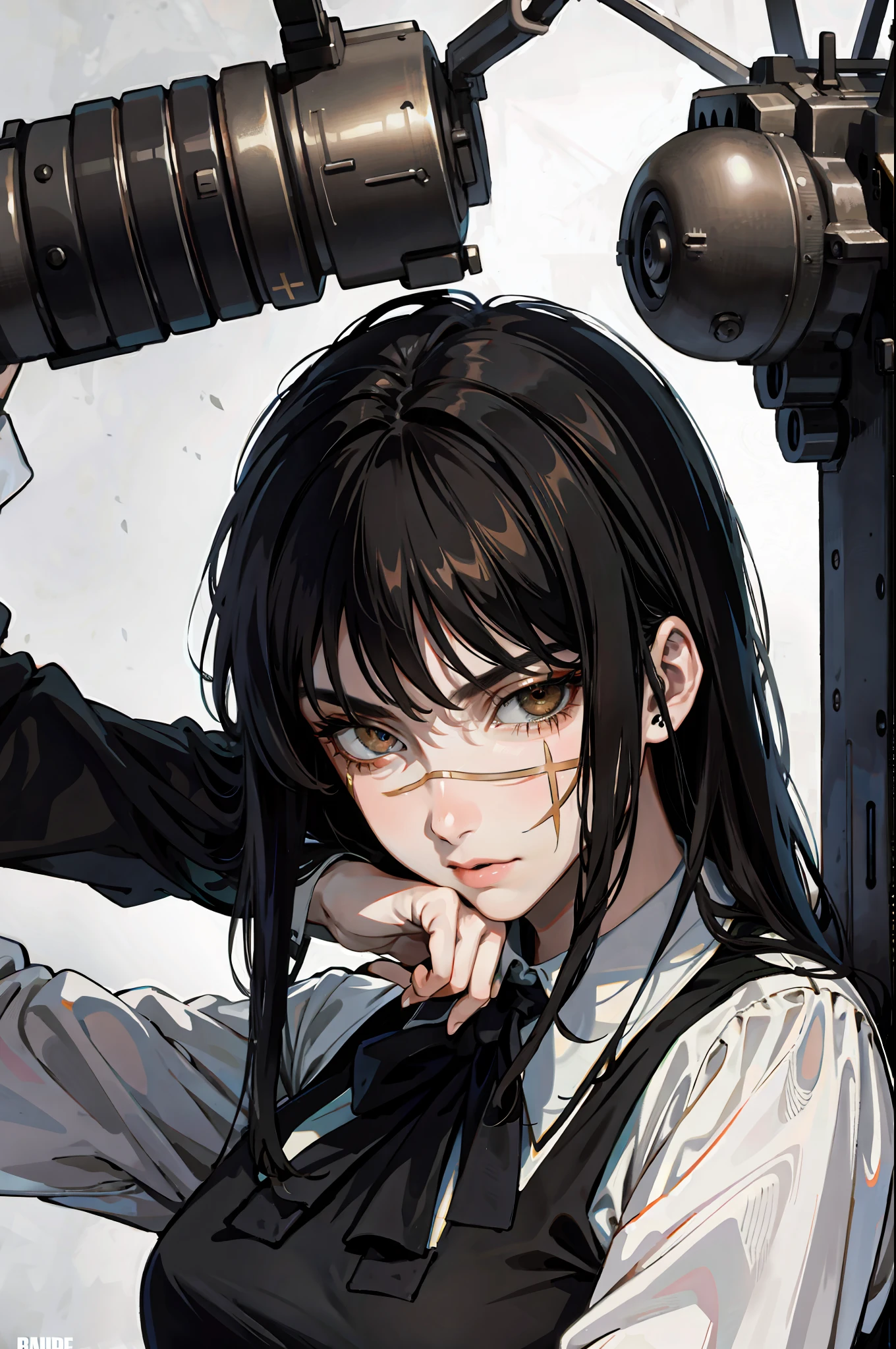 (masterpiece:1.2, best quality), 1lady, Yoru, solo, photorealistic, science fiction film, science fiction, science fiction, war, upper body, small breasts, focus on face, realistic, pastel painting, powerful, intelligent, sensual, detailed eyes (intimidating look, Brown eyes) well detailed, long black hair, best CG, (wearing German 2 world war general uniform), military, area strength, army grandeur,