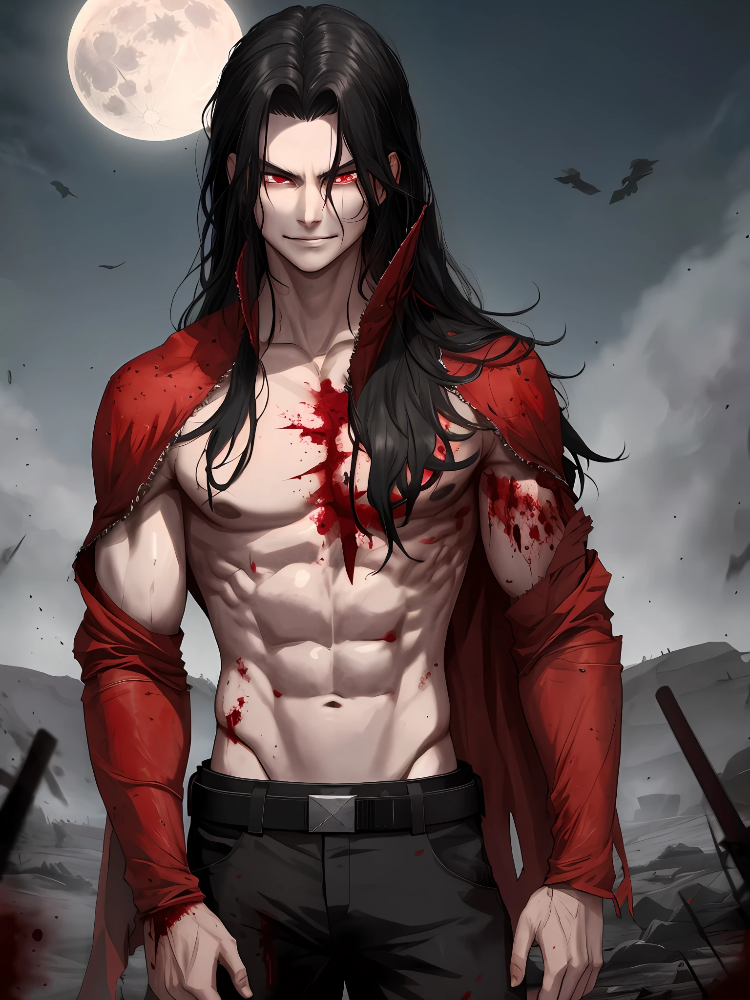 Best quality, solo, long black hair, shirtless, red eyes, battlefield, moon, night, dry hair, wet clothes, smirk, chest scars, blood aura