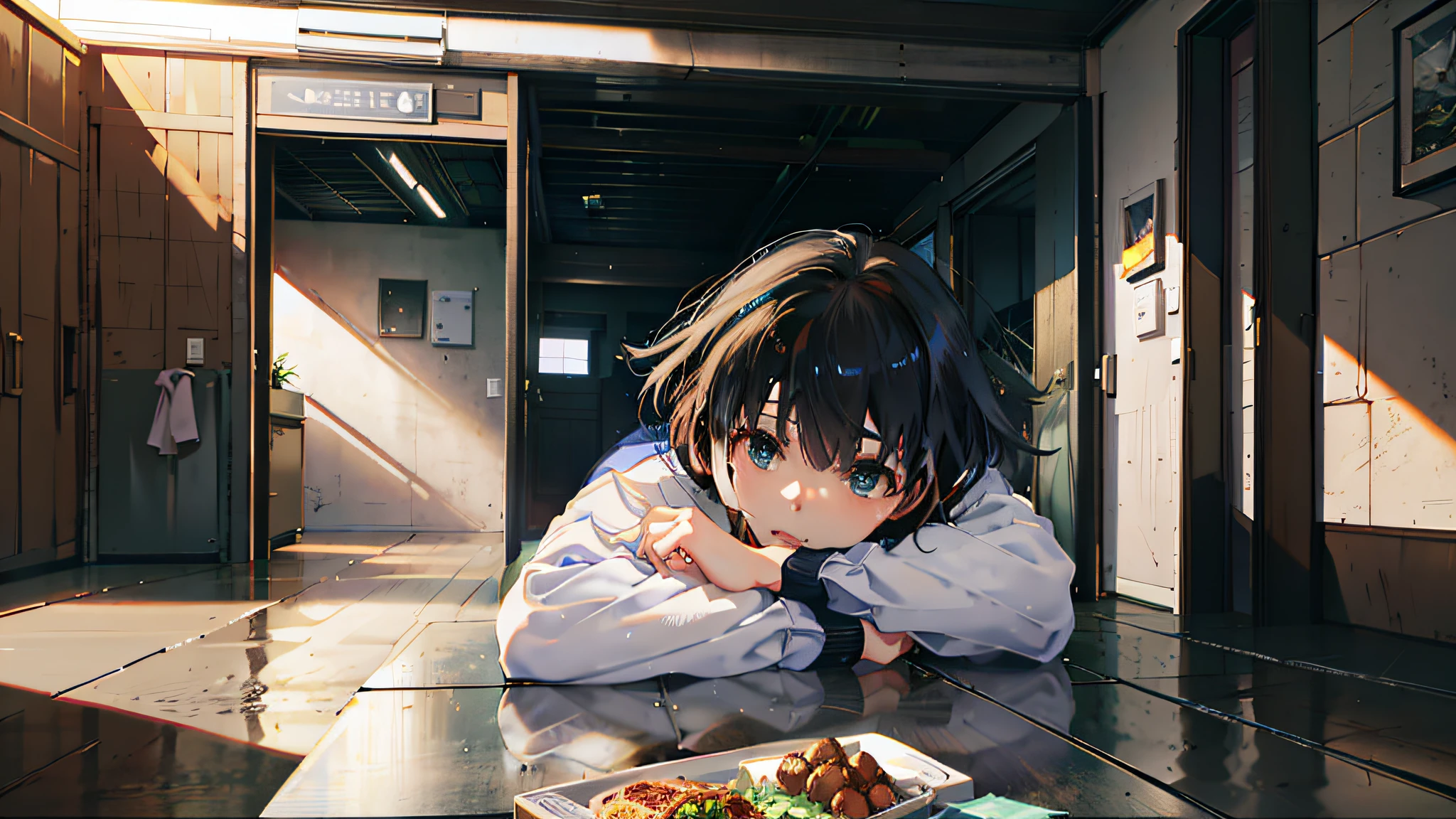 anime character laying on the floor with a plate of food, realistic anime 3 d style, makoto shinkai. digital render, artwork in the style of guweiz, anime style 4 k, guweiz on pixiv artstation, digital anime illustration, guweiz on artstation pixiv, makoto shinkai. octane render, digital anime art