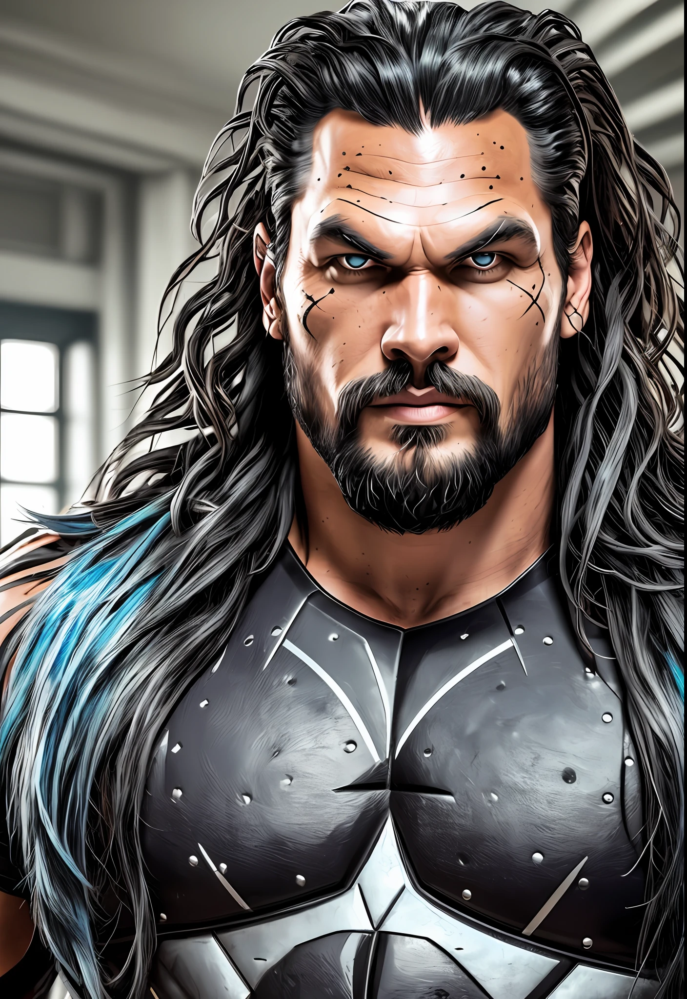Create a realistic 8K image of Jason Momoa as Lobo, the DC anti-hero. Make sure the image realistically and authentically captures the character, with details like Lobo's appearance, his space bike, and any other elements you feel are important. Use a vibrant, contrasting color palette to make the image stand out and make it more appealing. Add textures and details to make the image more realistic, such as the appearance of Lobo's skin and the design of his space motorcycle. Make sure the resulting image looks realistic and detailed." —c 10 —ar 2:3 --auto --s2