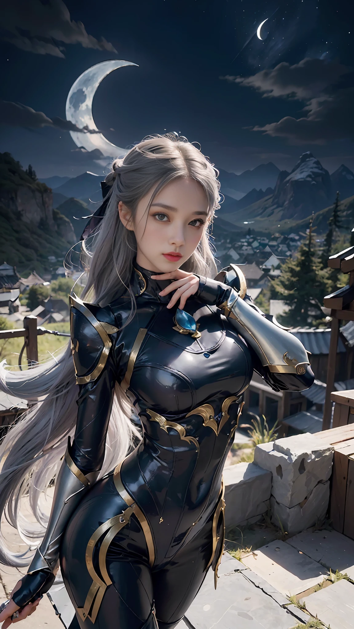 ((Best Quality, 8K, Masterpiece: 1.3)), 1girl, Slim Abs Beauty: 1.3, Super Fine Face, Detailed Eyes, Double Eyelids, (Dynamic Pose: 3), Night Sky, Mountain Top, Moon, Smile, Diana Standing Portrait Photo, Diana (League of Legends), Solo, Face Markers, Male Focus, Forehead Marks, Armor, Lips, Portrait, Crescent Moon, Looking at the Audience, 1Girl, Gray Hair, Sexy, Dark Blue Costume, Perfect Figure, Detailed Digital Anime Art, Best anime 4K konachan wallpaper, anime goddess, high detail official artwork, detailed anime art, portrait of female anime hero, onmyoji