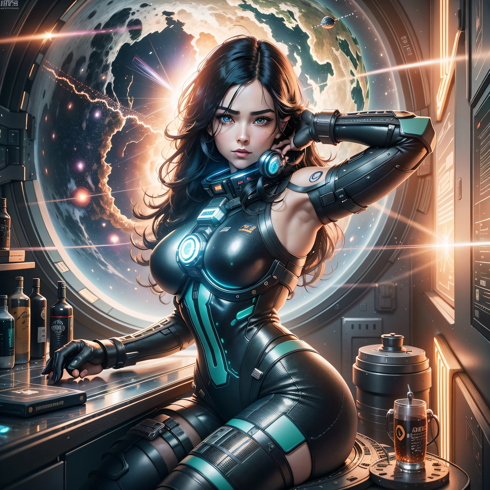 Foreground modern Black and British racing green themed room with desk made of walnut and contains smart mirror with a glass of Whisky on table. Woman standing near bed.there is a woman in a futuristic outfit standing in front of a globe, scifi woman, portrait anime space cadet girl, jet black haired cyberpunk girl, deviantart artstation cgscosiety, beautiful woman in spacesuit, powerful woman sitting in space, in spacesuit, girl in space, trendin on artstation, cyberpunk 2 0 y. o model girl Extreme detail. unreal engine 5 volumetric lighting . OLED , HDR. vibrant, reflections , ray tracing , path tracing. Detailed Planet with rings are twice the diameter of the planet being destroyed by impact of asteroid extreme damage , huge explosion on surface of the planet being destroyed can be seen from a window outside of the deep space station as background. Beautiful face , detailed iris , good pupils, good hands. DSLR quality. Detailed iris refecting planet hit by astroid,hyper realistic, new , improved , vibrant colours, asthetic, wallpaper