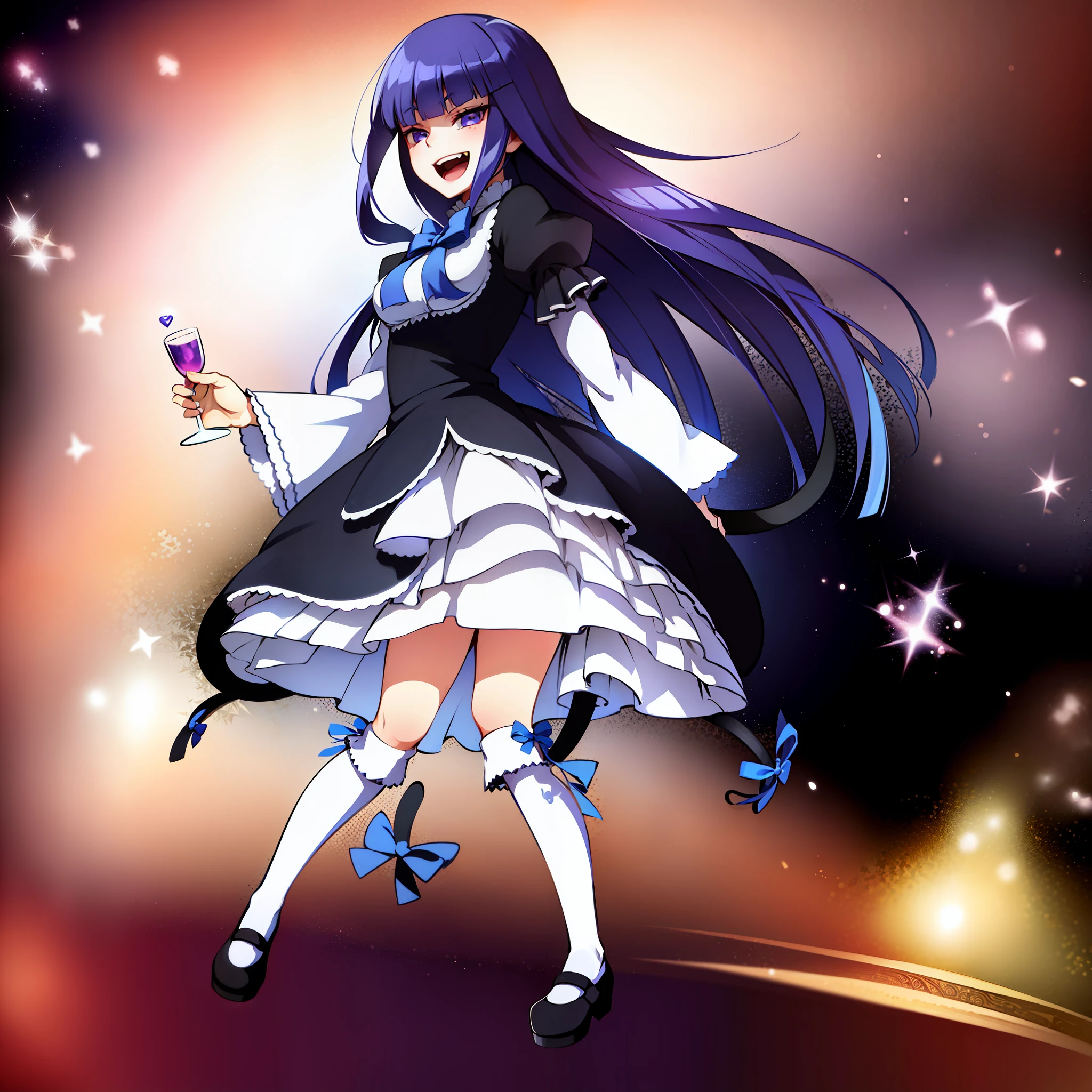 1girl, frederica bernkastel, blue hair, blunt bangs, bow, cat tail with bow, dress, drink, kneehighs, long hair, purple eyes, ribbon, shoes, solo,tail ornament, tail ribbon, white legwear, evil smile, open mouth