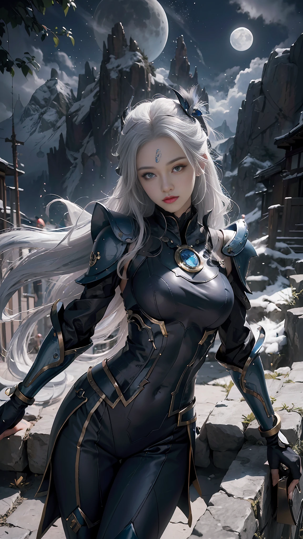 ((Best Quality, 8K, Masterpiece: 1.3)), 1girl, slim abs beauty:1.3, super fine face, detailed eyes, double eyelids, dynamic pose, night sky, mountain top, moon, smile, diana standing portrait photo, diana (League of Legends), solo, face markers, male focus, forehead markers, armor, lips, portrait, crescent, looking at the audience, 1girl, white hair, sexy, dark blue clothing, perfect body, detailed digital anime art, Best anime 4K konachan wallpaper, anime goddess, high detail official artwork, detailed anime art, portrait of female anime hero, onmyoji