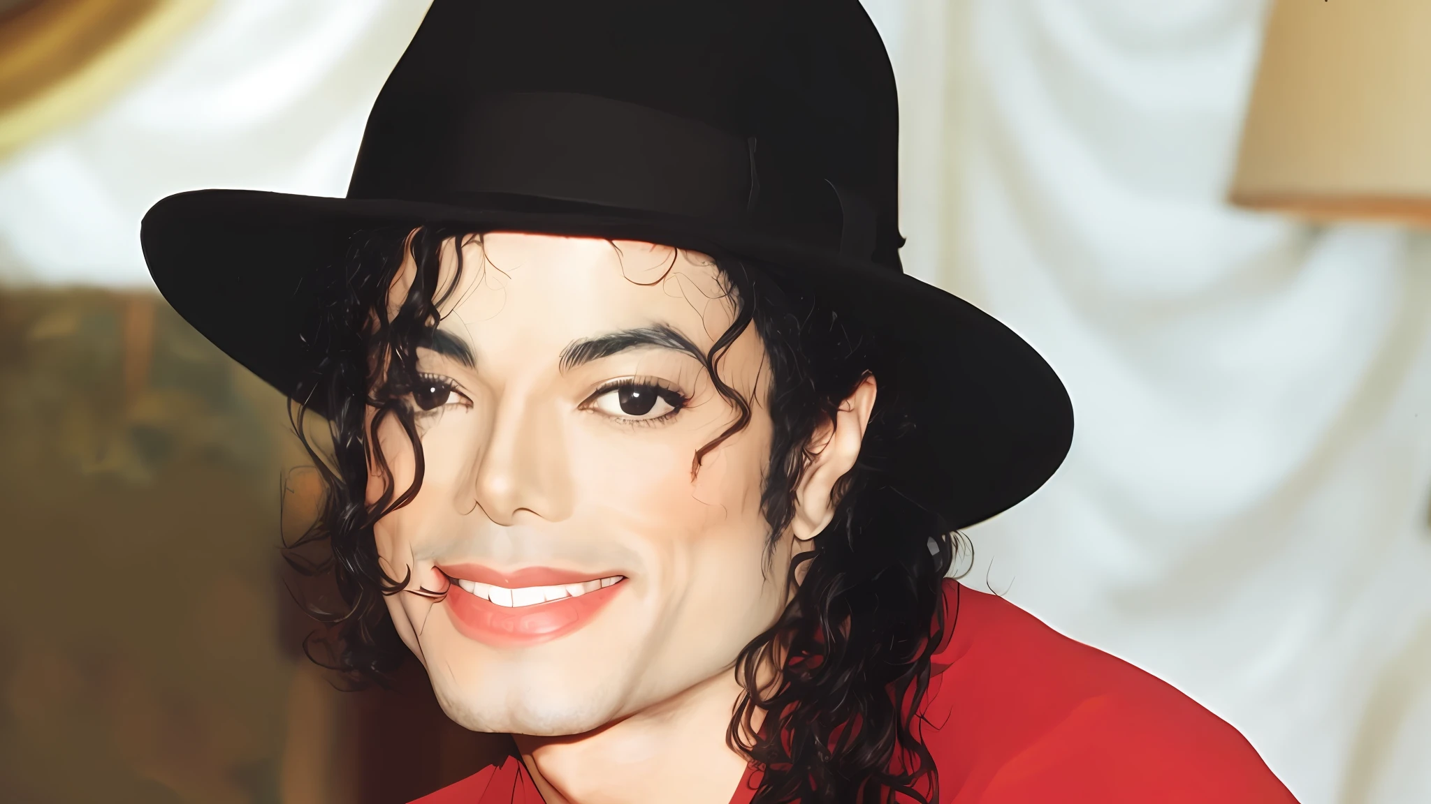 araffe michael jackson in a black hat and red shirt, michael jackson, michael_jackson, portrait of michael jackson, michael jackson portrait, sly smile, with a subtle smile, he‘s wearing a red neckerchief, innocent smile, unreleased, charming smile, while smiling for a photograph, bald michael jackson, with a seductive smile, with a pouting smile