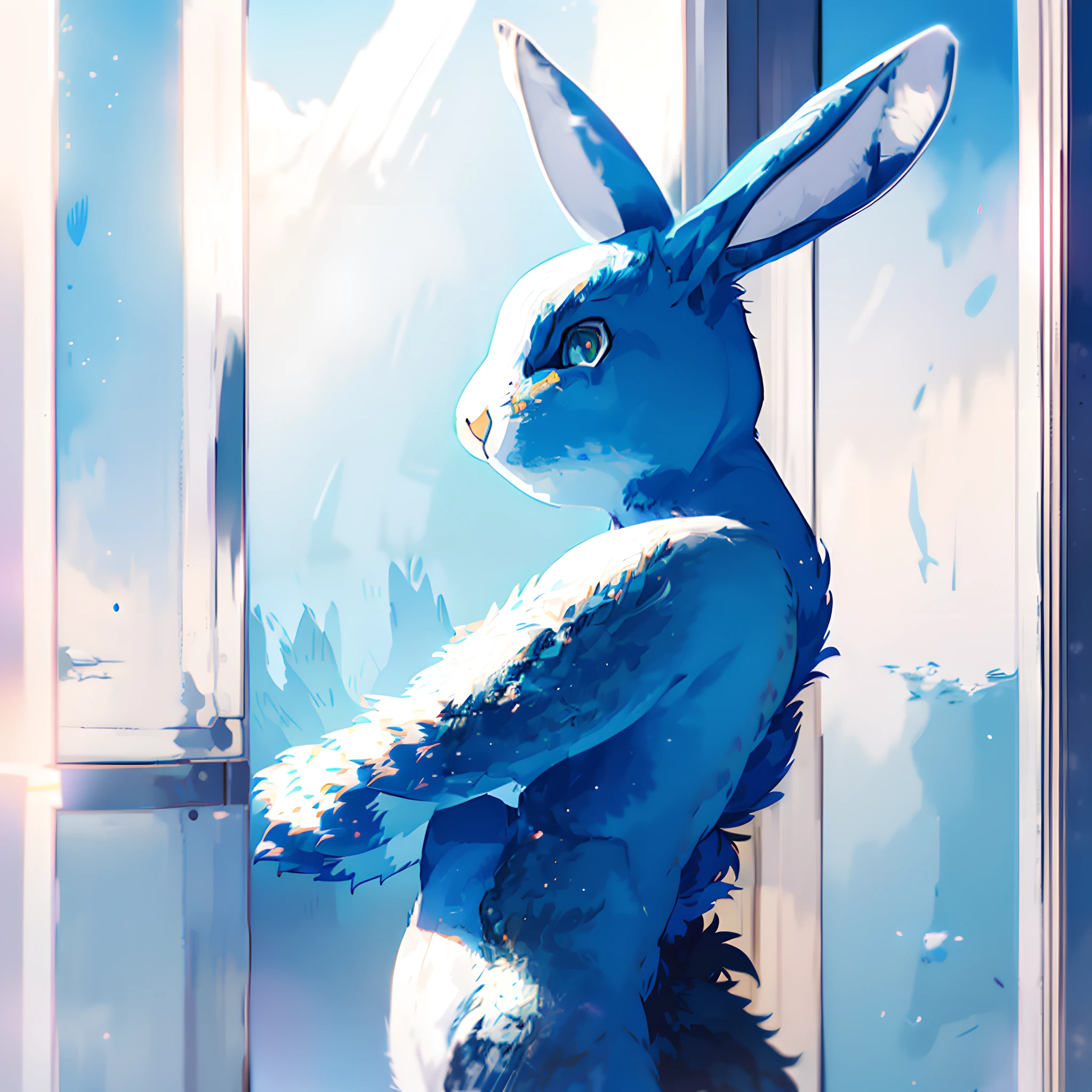 (Kinetic Pointillism:1.3) (Cutester Art:1.3) (Amazing Photo:1.3) of (Cel shaded look:1.3) and (CorelDRAW look:1.3), kemono art, (((furry))) (((blue))) back (((blue))) with fluffy blue (((furry))) kemono rabbit tail